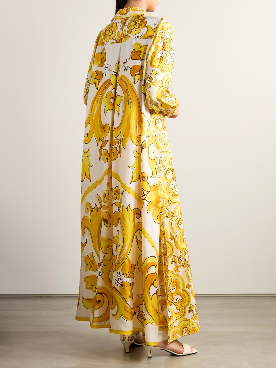 Long Printed Smooth Satin Dress With Front Slit