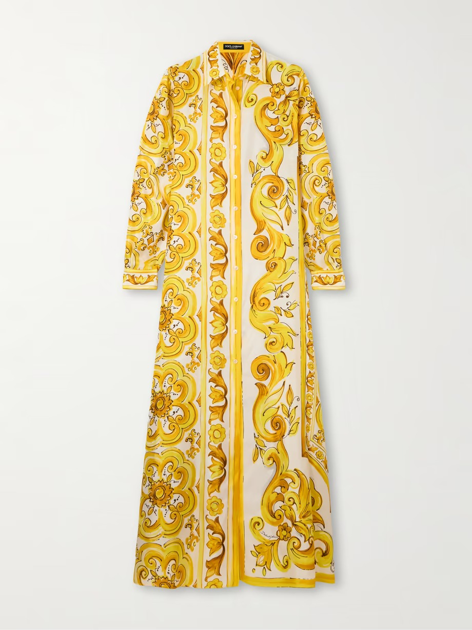 Long Printed Smooth Satin Dress With Front Slit