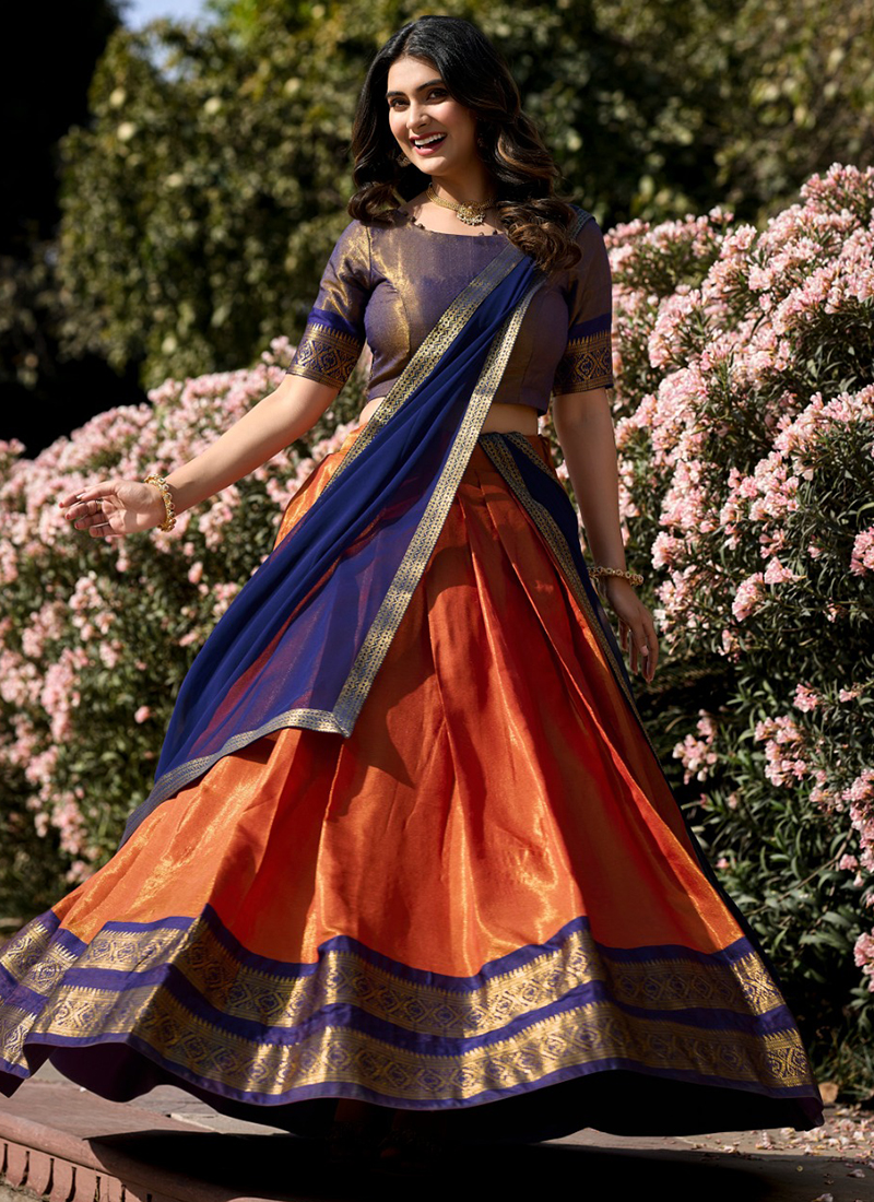 Orange Kanchipuram Weaving Traditional Wear Lehenga Choli