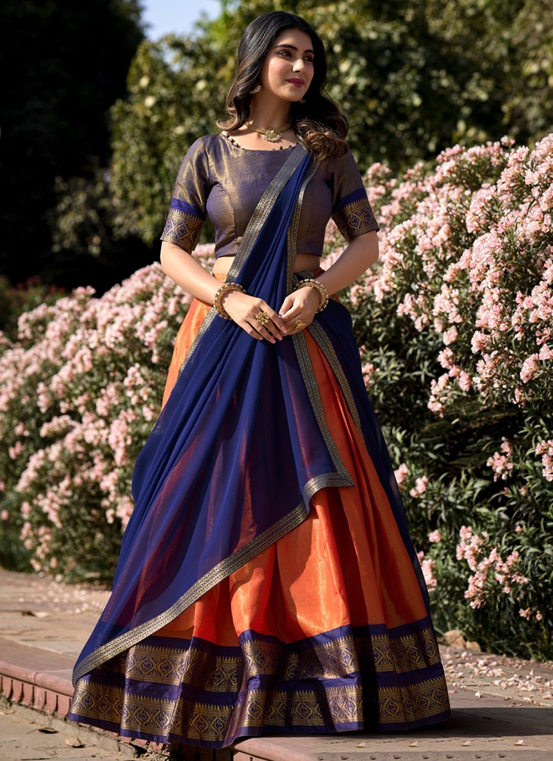 Orange Kanchipuram Weaving Traditional Wear Lehenga Choli