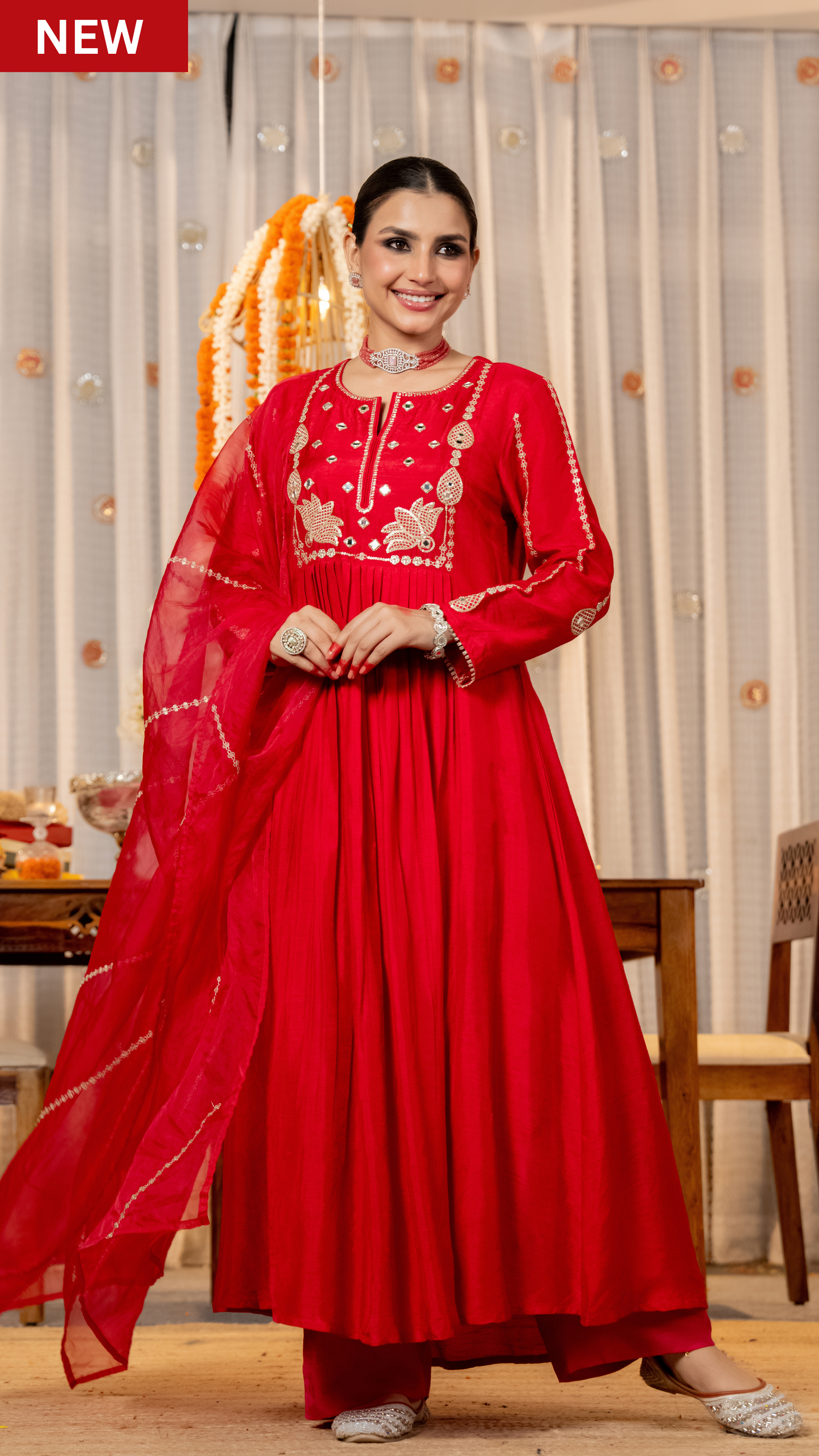 Pink Russian Silk Embroidered Flared Suit Set
