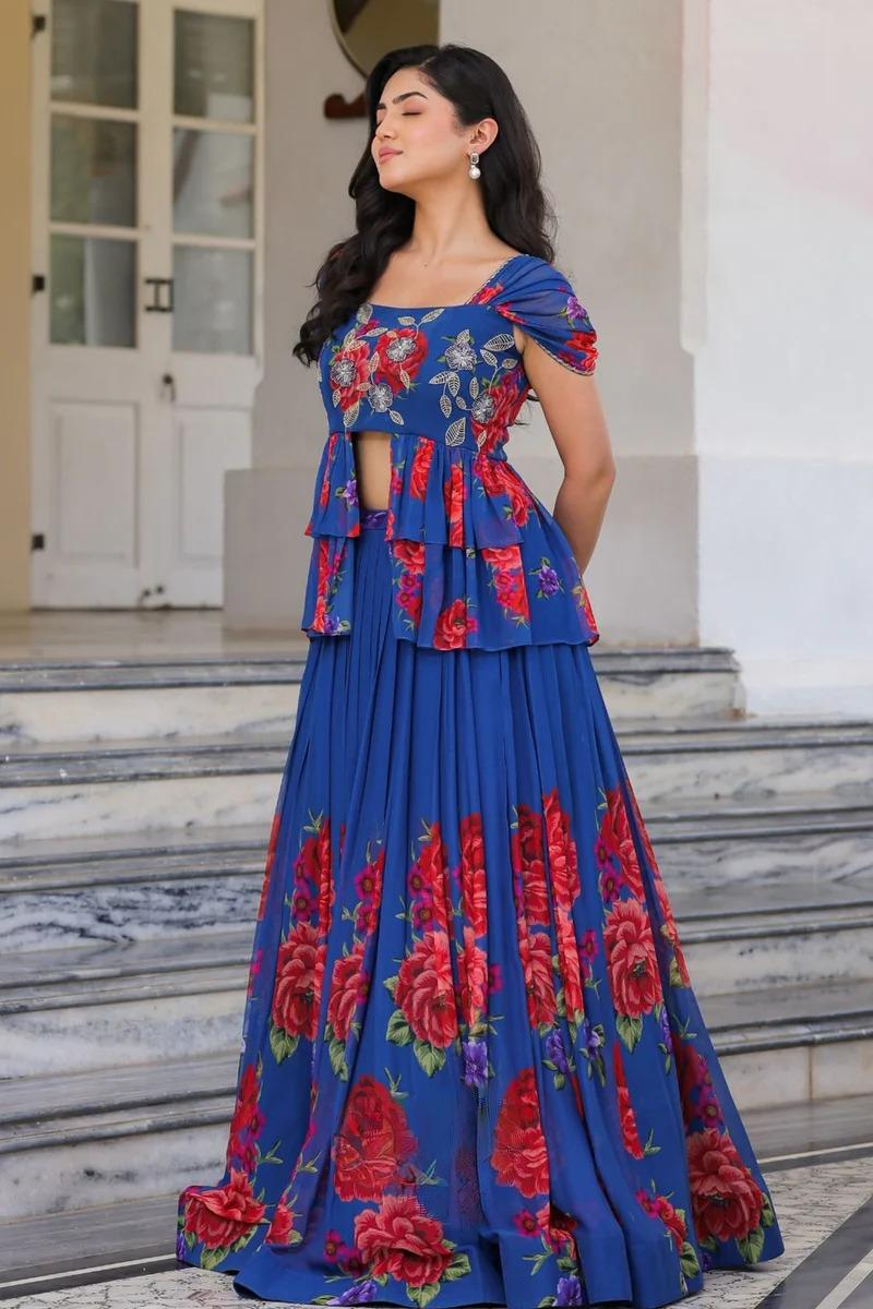 Floral Indo Western in Royal Blue