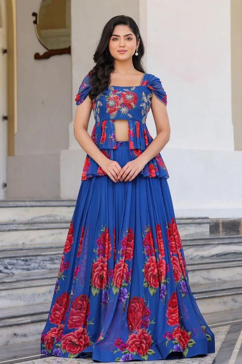 Floral Indo Western in Royal Blue