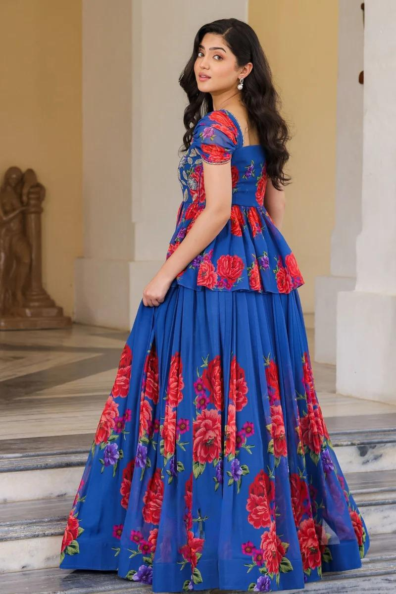 Floral Indo Western in Royal Blue