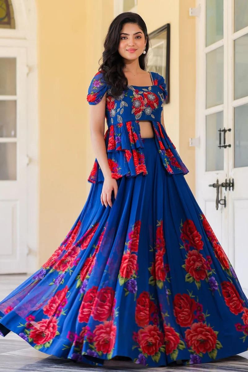 Floral Indo Western in Royal Blue