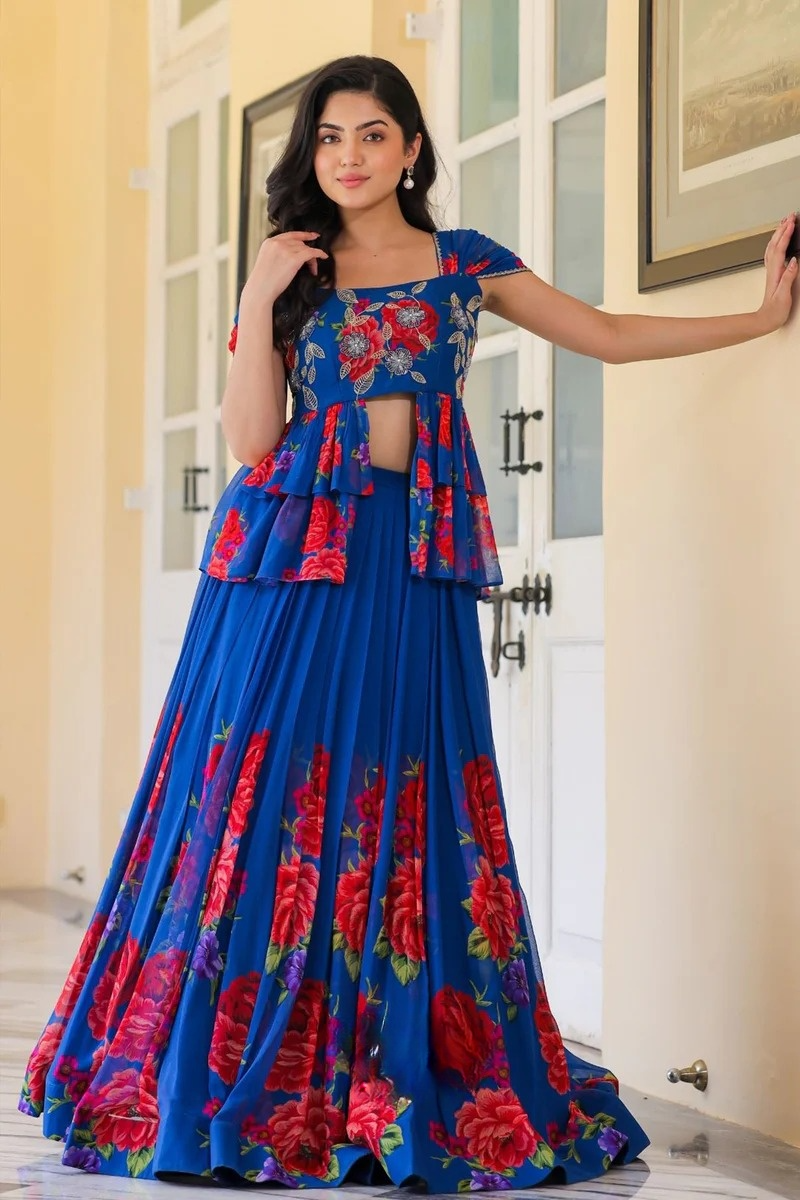 Floral Indo Western in Royal Blue