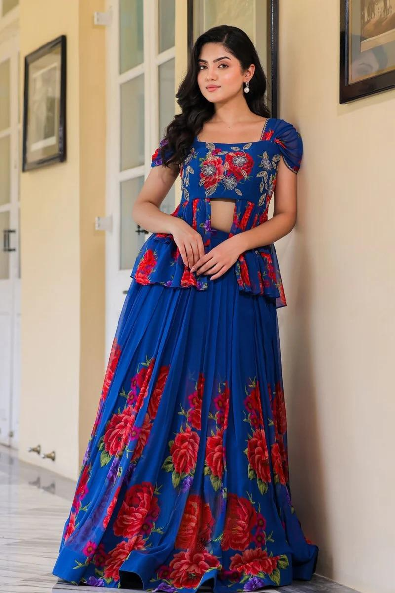 Floral Indo Western in Royal Blue