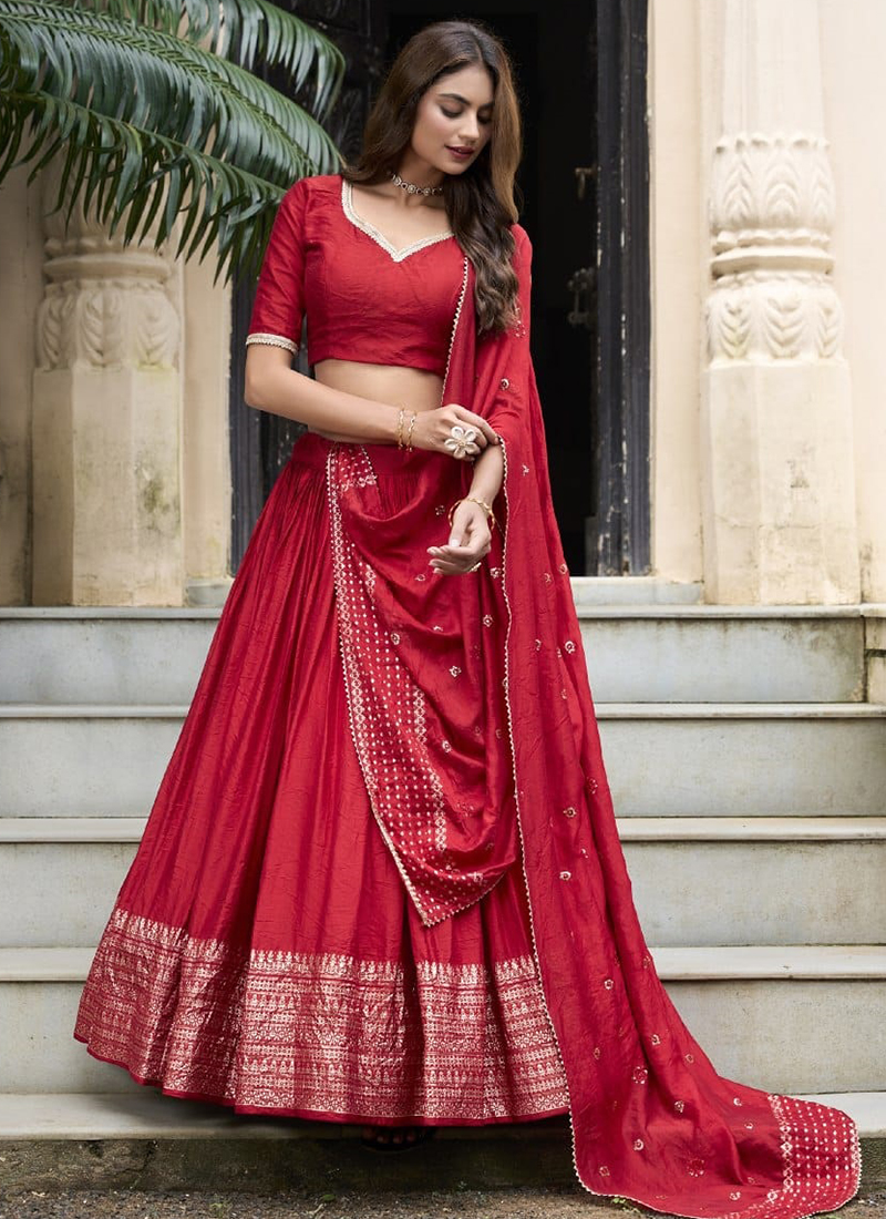 Red Chanderi Weaving Festival Wear Readymade Lehenga Choli