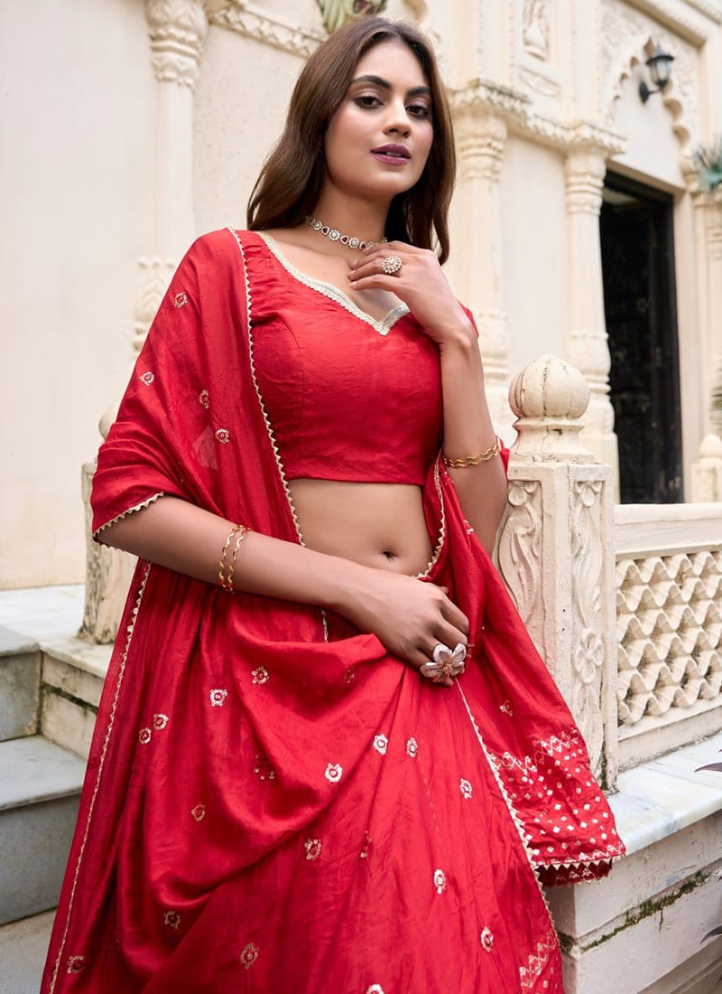 Red Chanderi Weaving Festival Wear Readymade Lehenga Choli