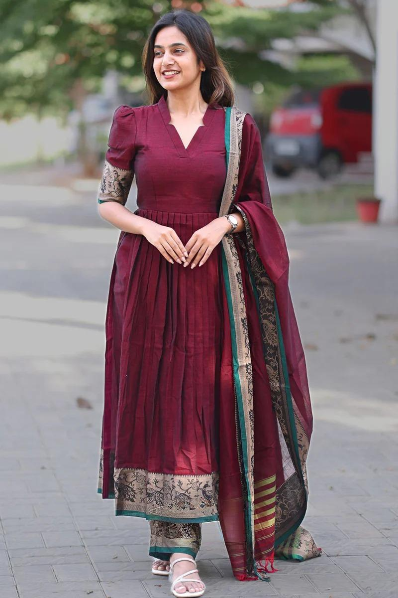 Maroon Handloom Gathered Kurta Set With Thread Weaving Of Peacock Motifs