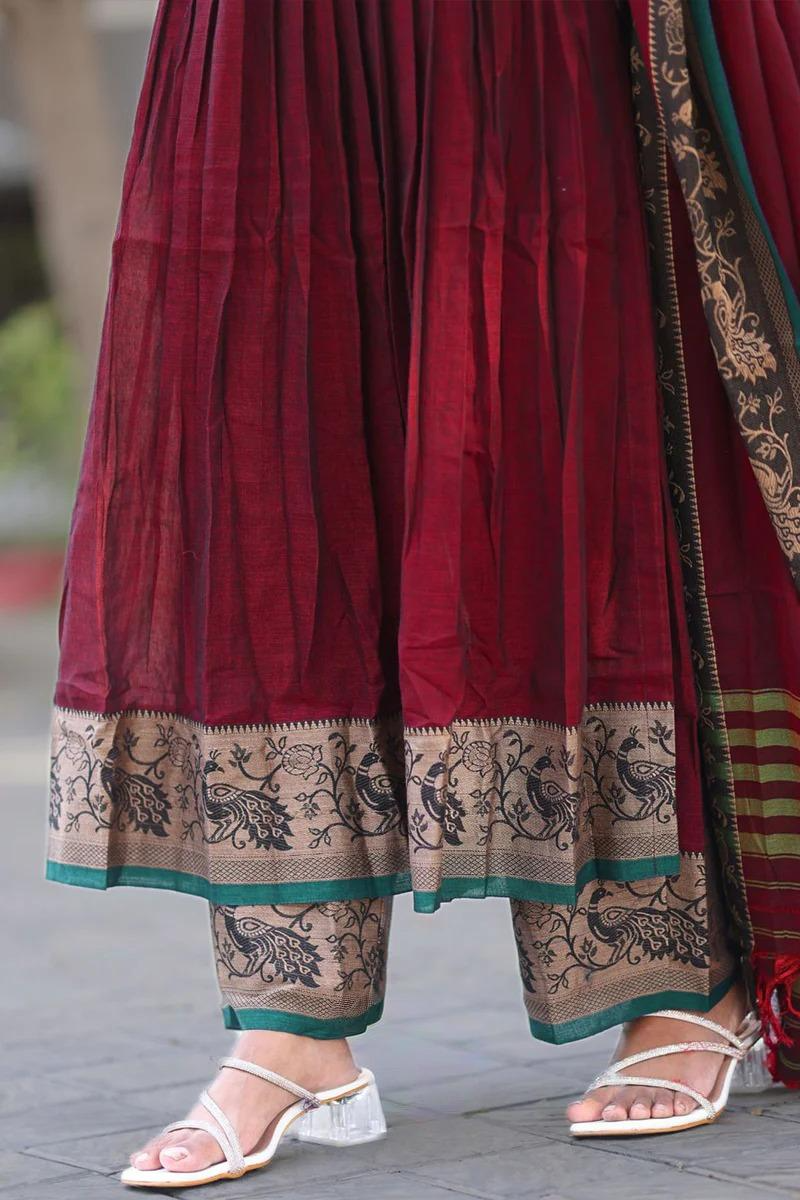 Maroon Handloom Gathered Kurta Set With Thread Weaving Of Peacock Motifs