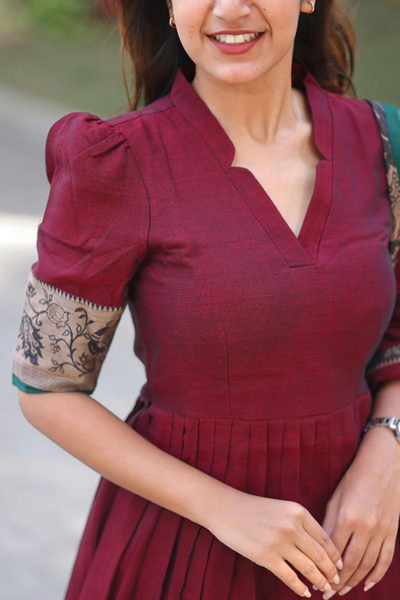 Maroon Handloom Gathered Kurta Set With Thread Weaving Of Peacock Motifs