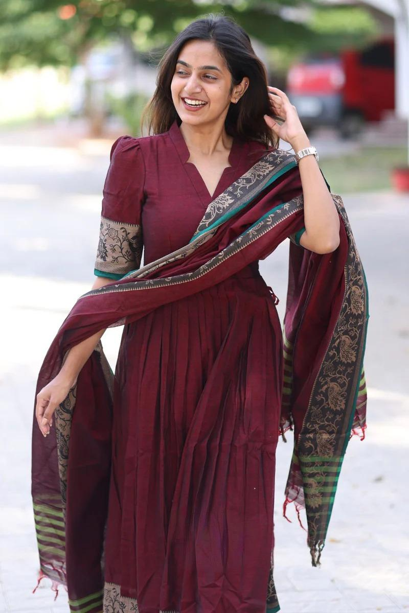 Maroon Handloom Gathered Kurta Set With Thread Weaving Of Peacock Motifs