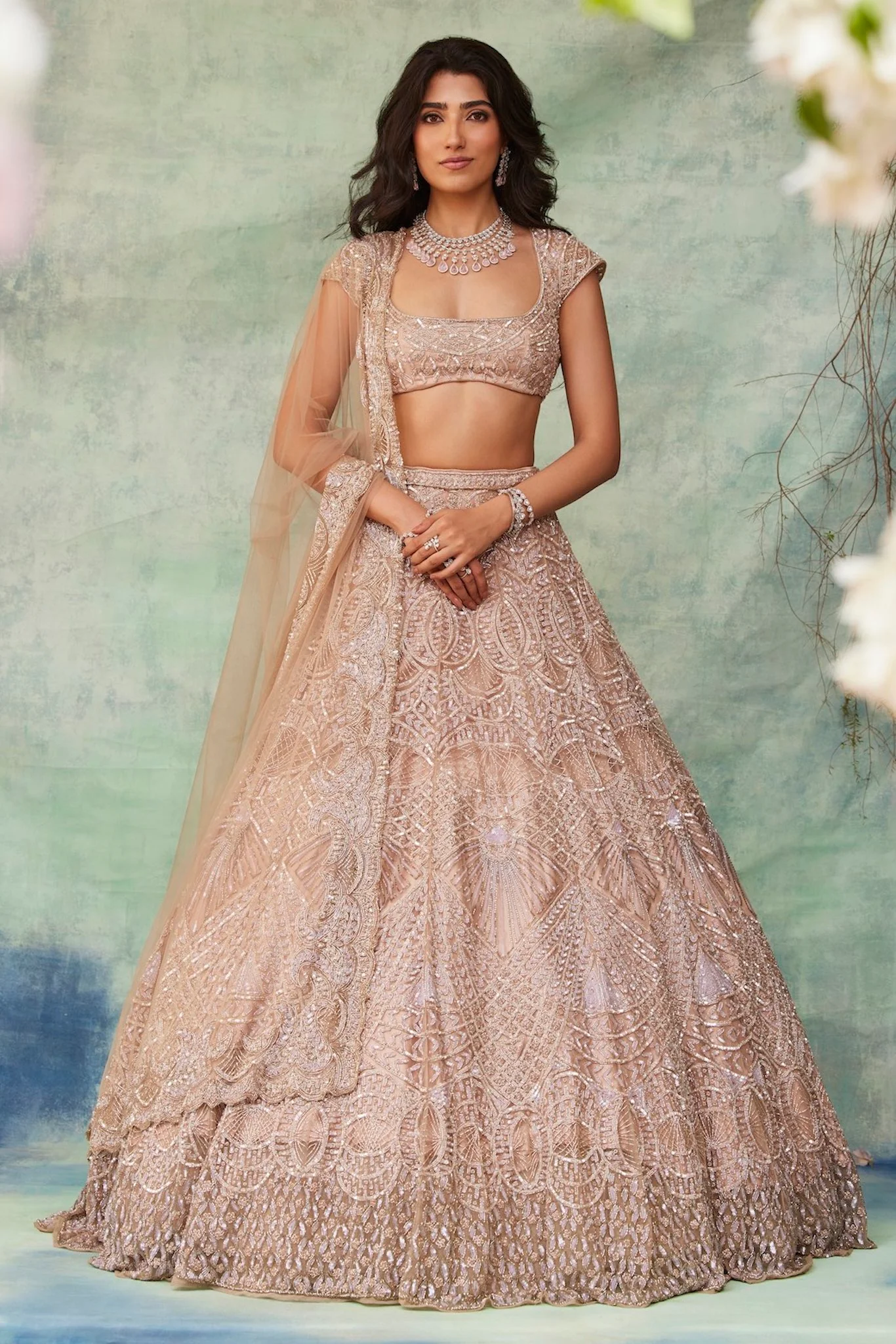 Lavender Hand-embroidered On Tissue Fabric With Crystals, Cutdana, Sequin, Thread, Beads Detailing Lehenga