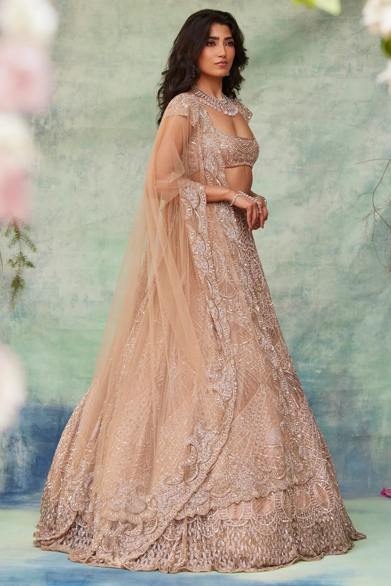 Lavender Hand-embroidered On Tissue Fabric With Crystals, Cutdana, Sequin, Thread, Beads Detailing Lehenga