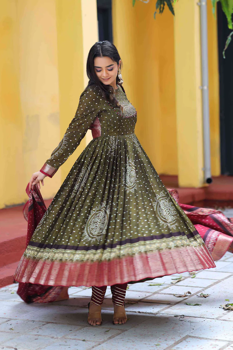 Bandhani Anarkali Suit Set In Dark Olive