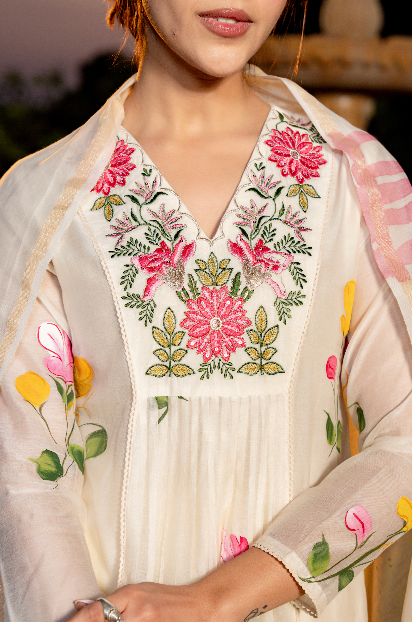 Ivory Floral Chanderi Suit Set