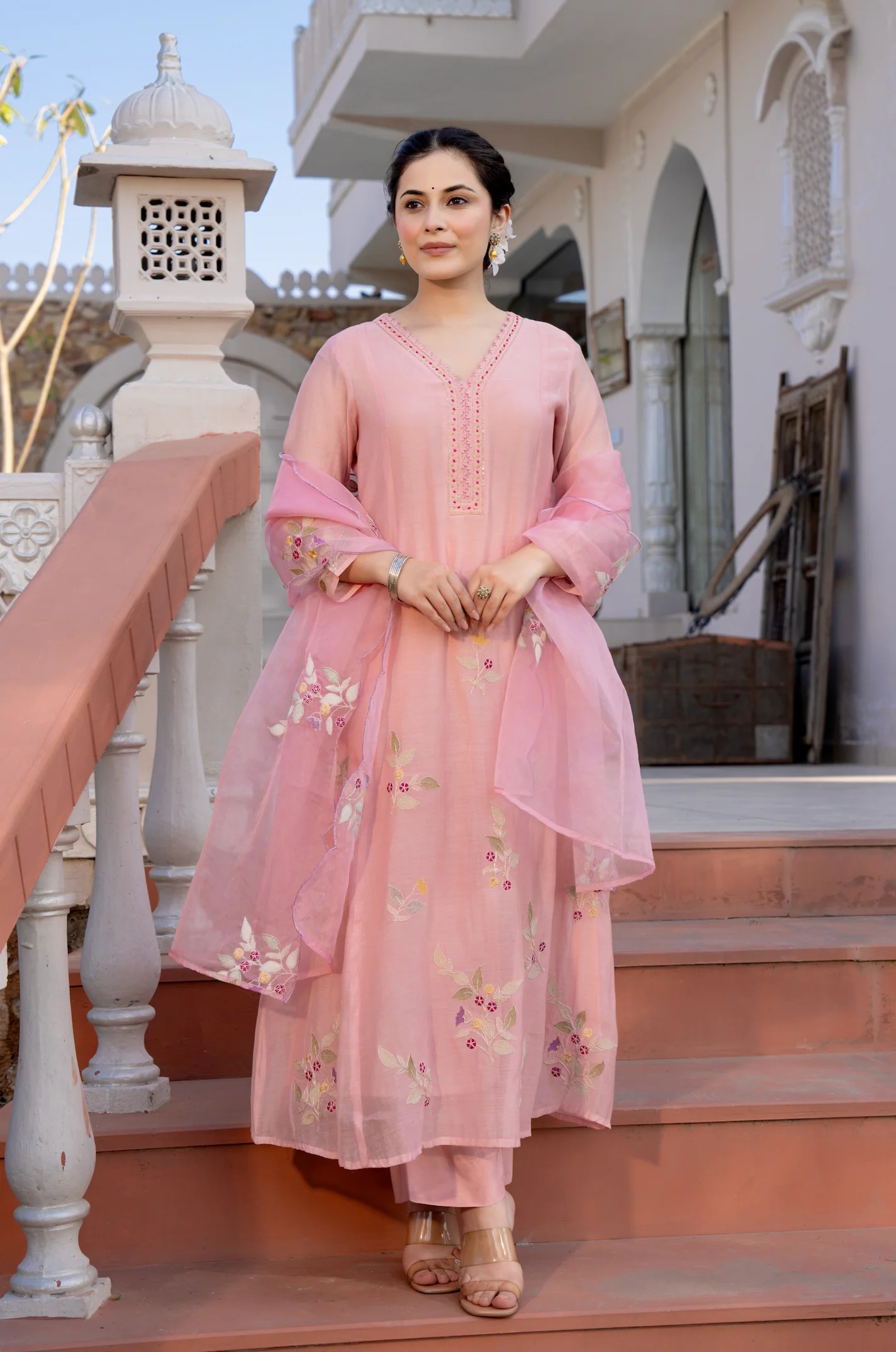 Rose Multi-Thread Embroidered Mul Chanderi Kurta Suit