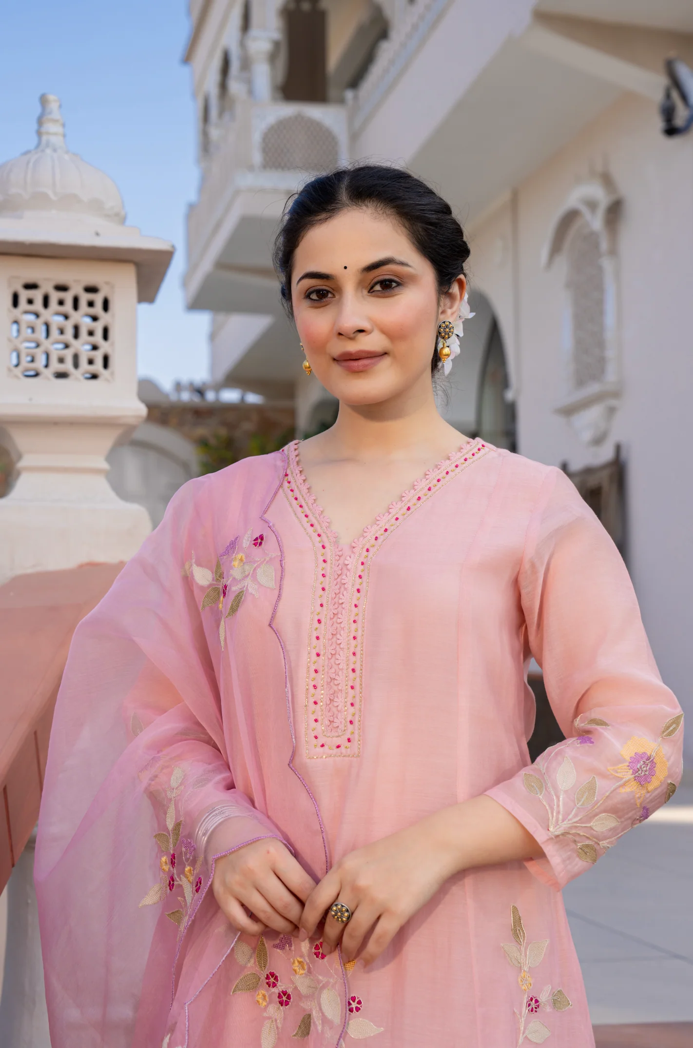 Rose Multi-Thread Embroidered Mul Chanderi Kurta Suit