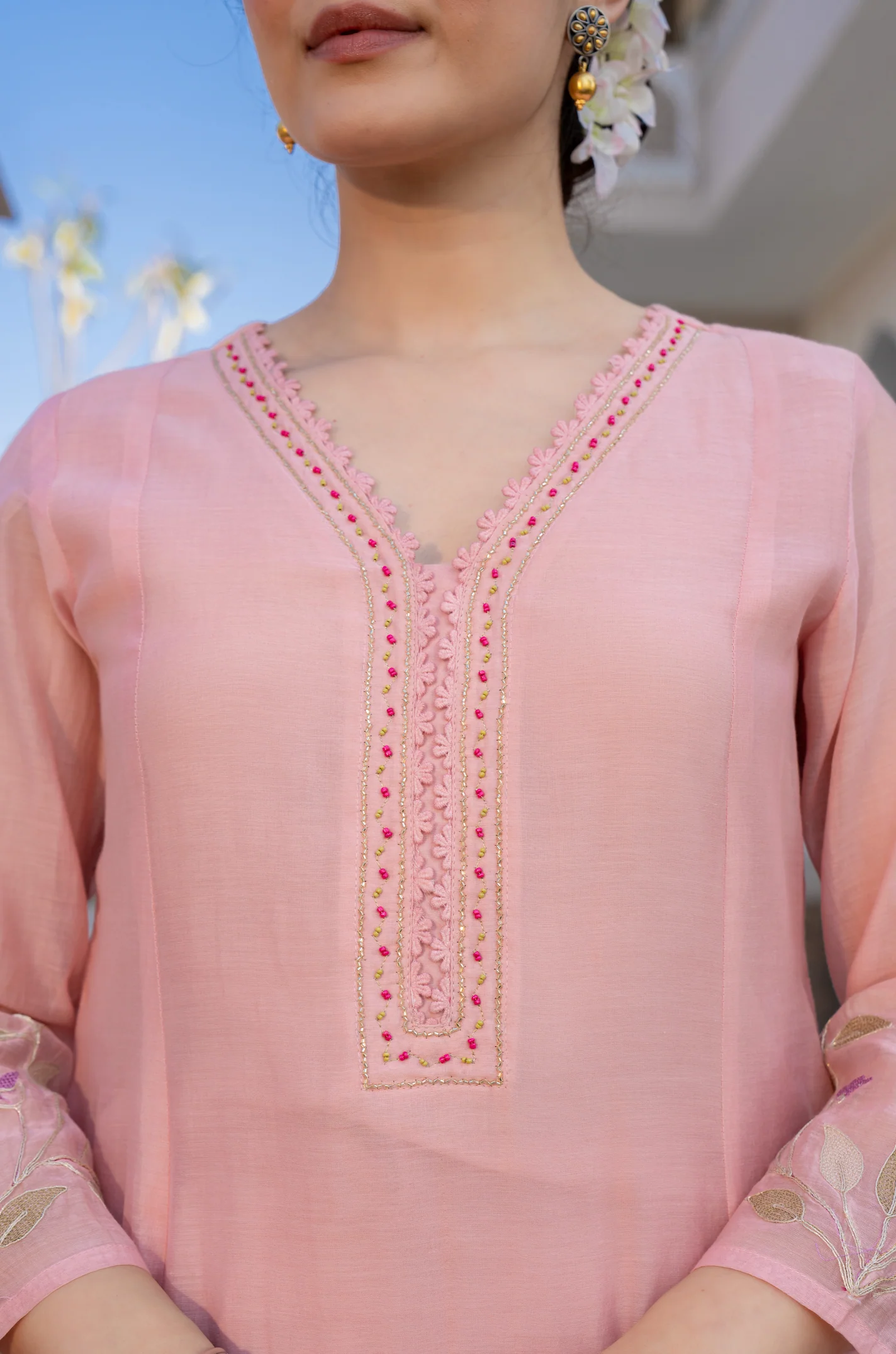Rose Multi-Thread Embroidered Mul Chanderi Kurta Suit