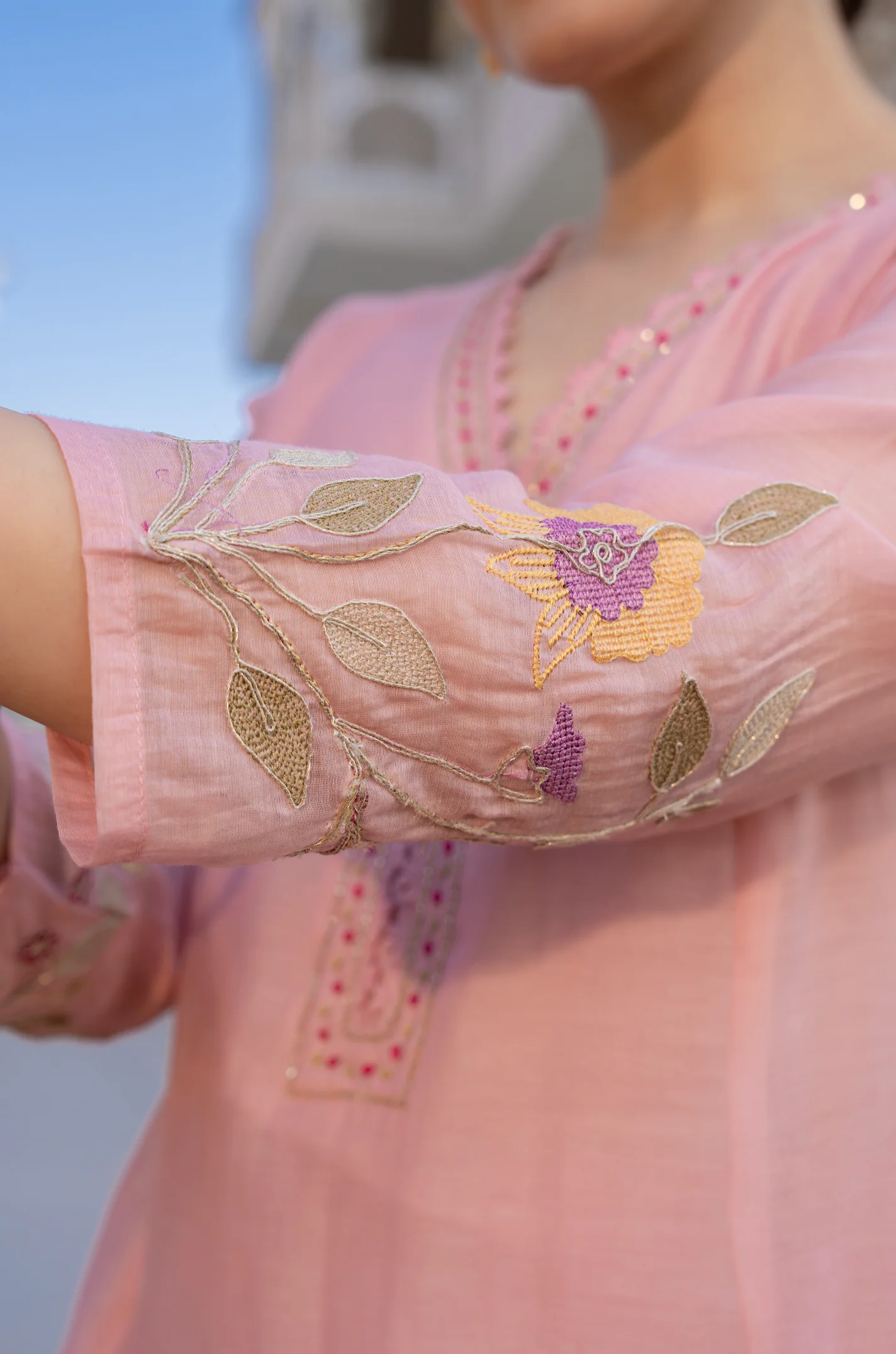 Rose Multi-Thread Embroidered Mul Chanderi Kurta Suit
