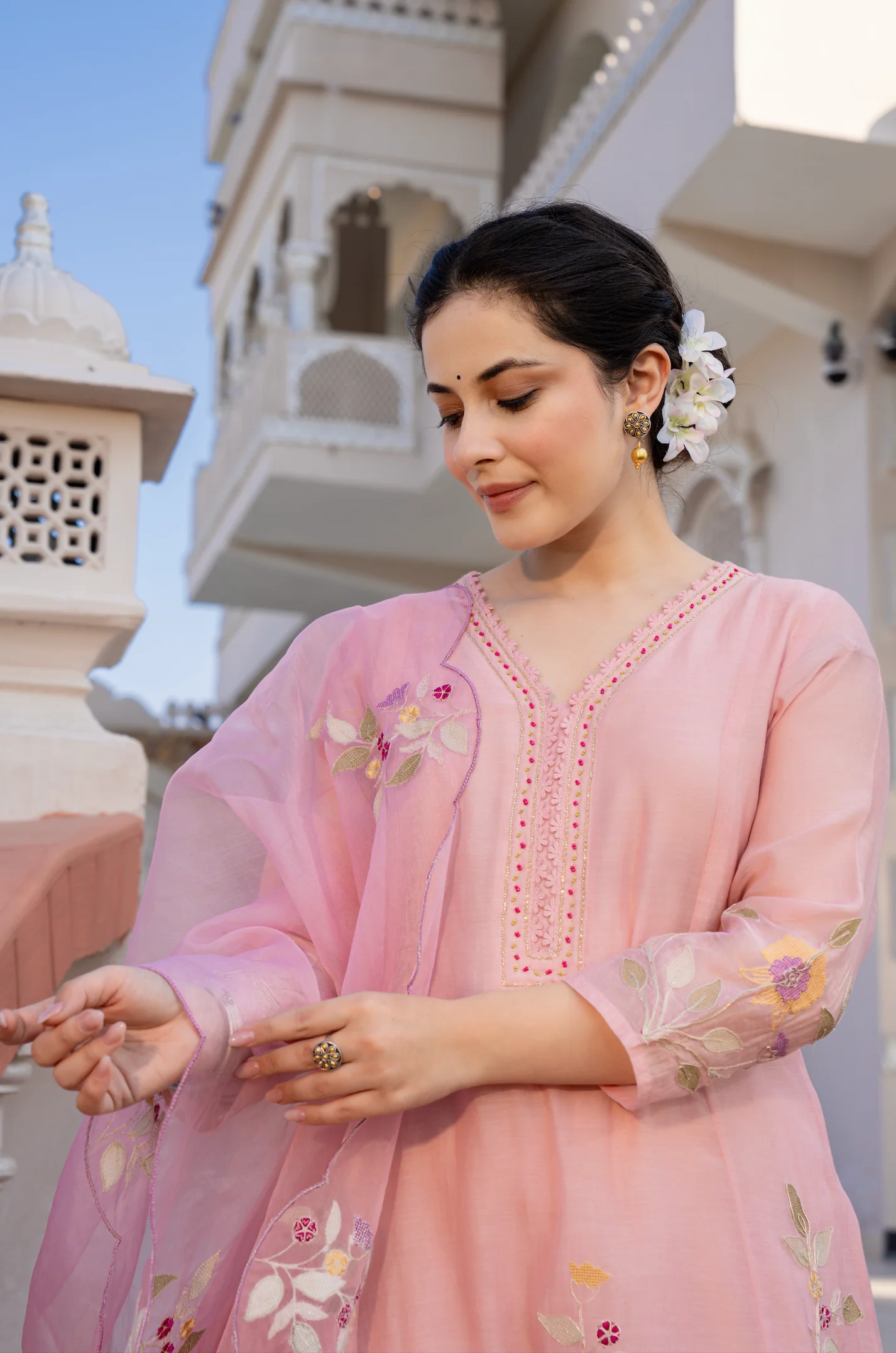 Rose Multi-Thread Embroidered Mul Chanderi Kurta Suit