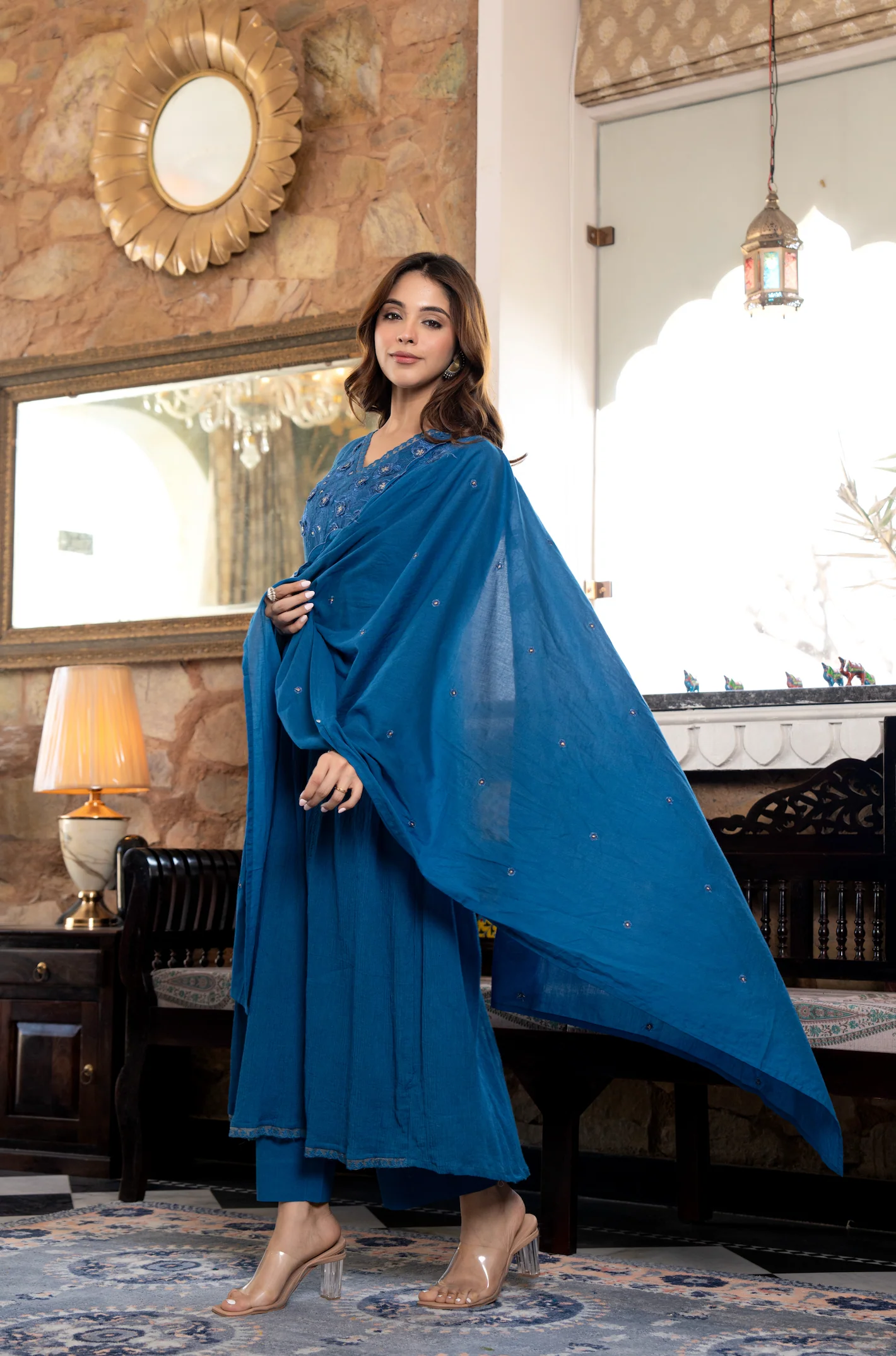 Blue Crushed Cotton Flared Kurta Suit With 3D Embroidery