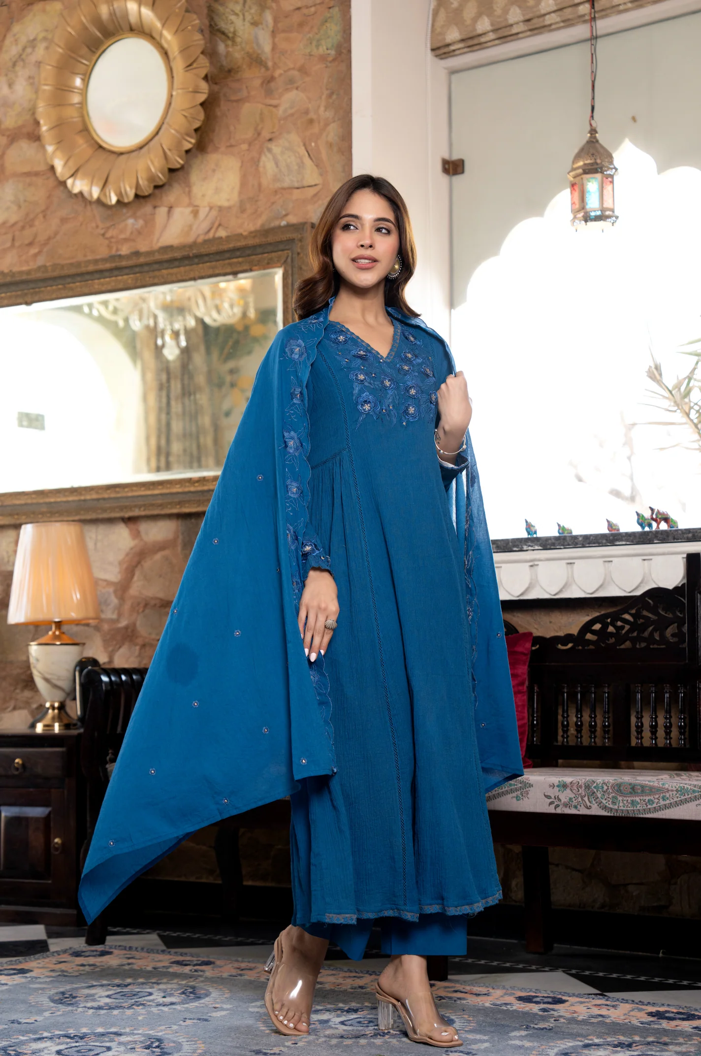 Blue Crushed Cotton Flared Kurta Suit With 3D Embroidery