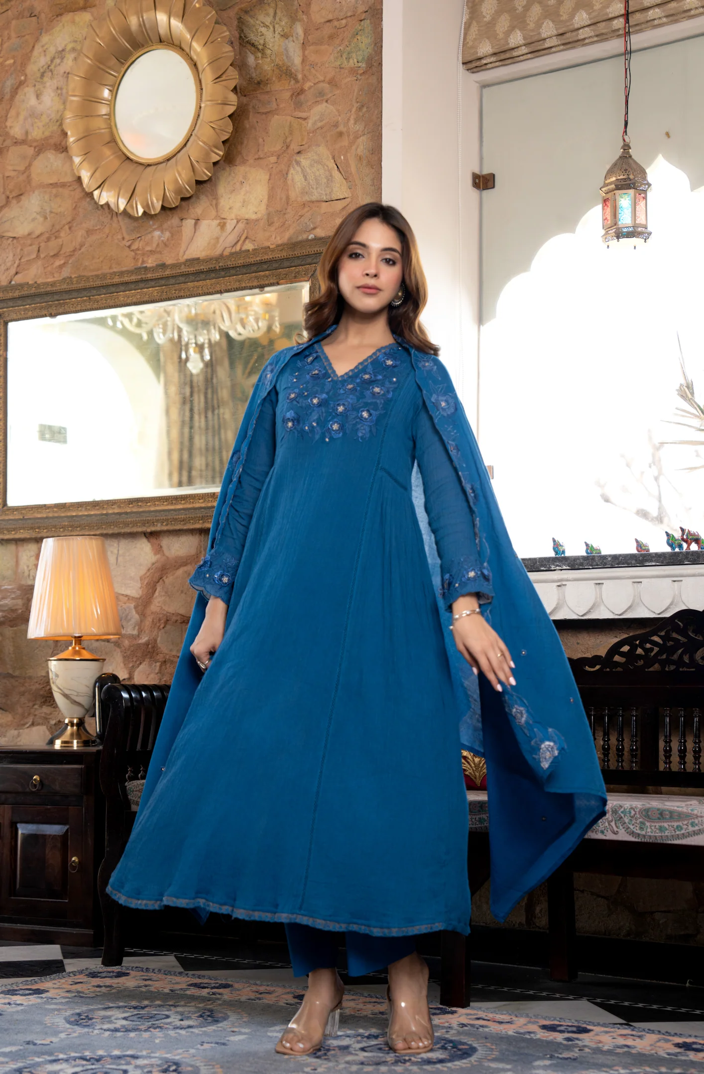 Blue Crushed Cotton Flared Kurta Suit With 3D Embroidery