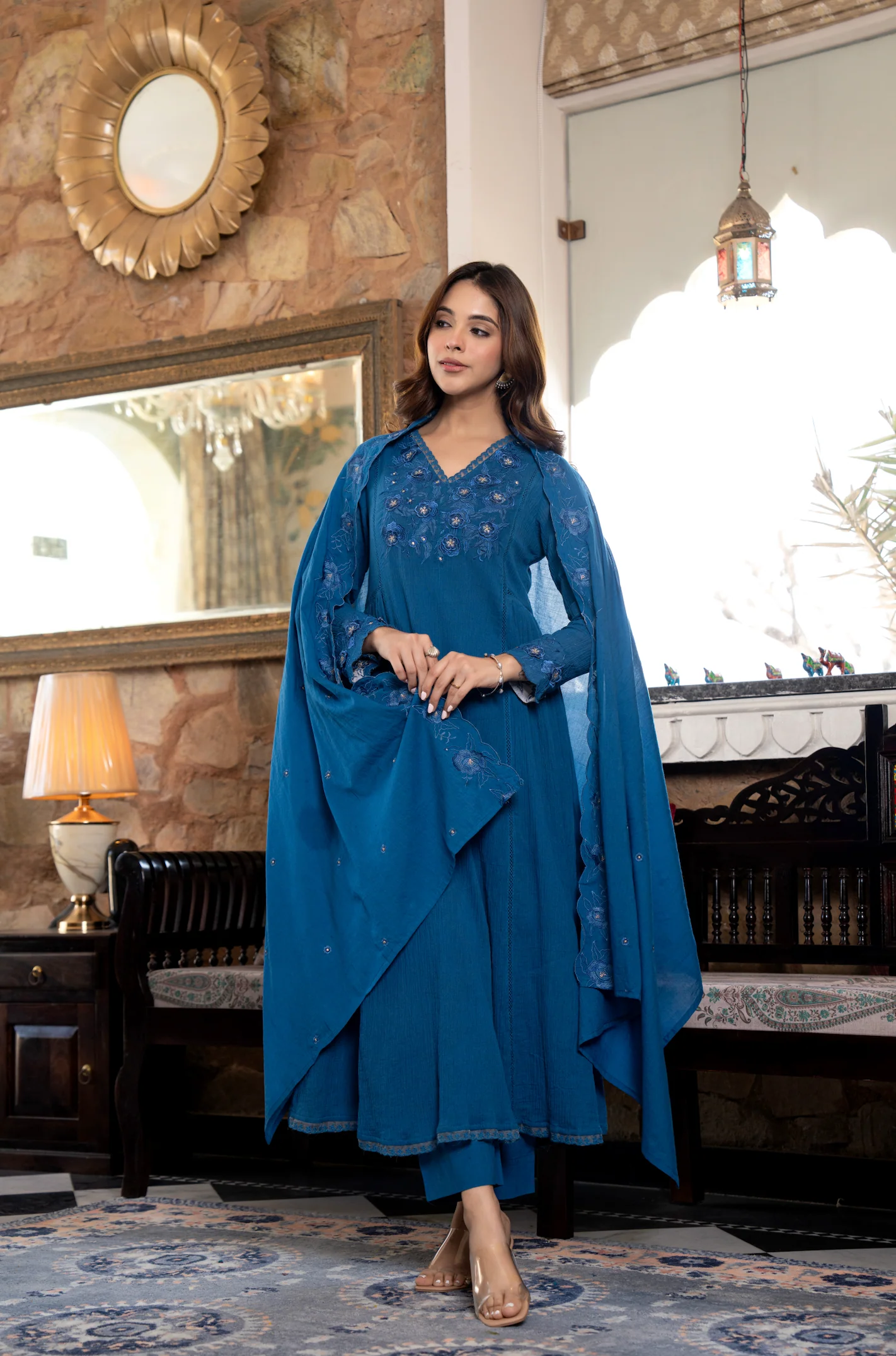 Blue Crushed Cotton Flared Kurta Suit With 3D Embroidery