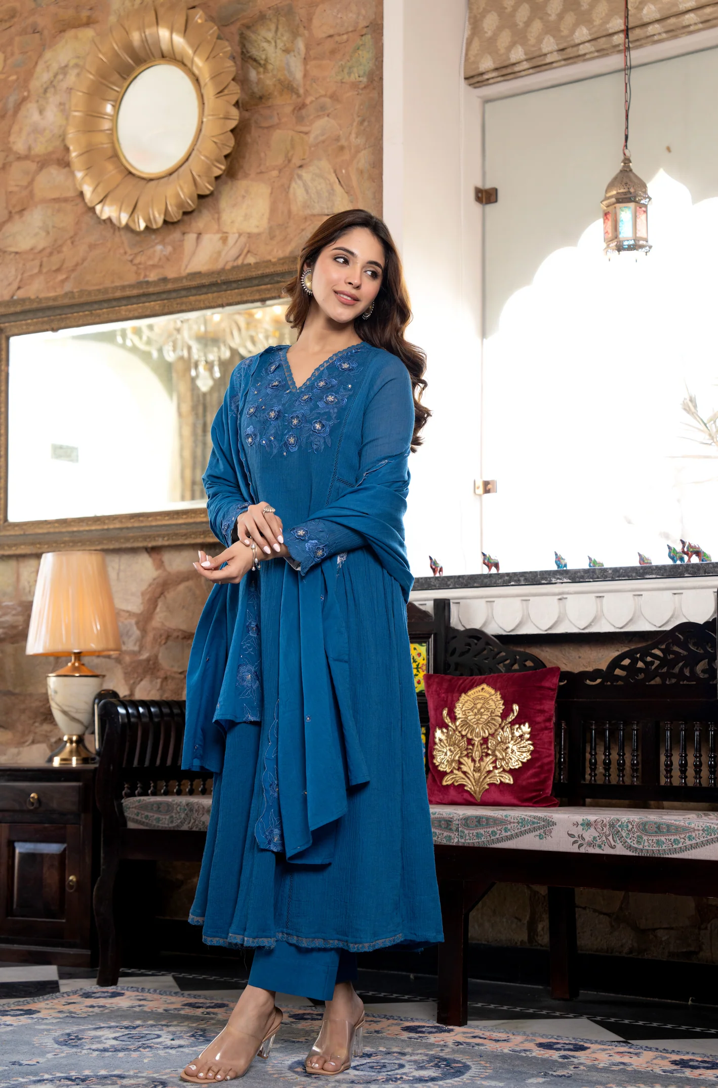 Blue Crushed Cotton Flared Kurta Suit With 3D Embroidery