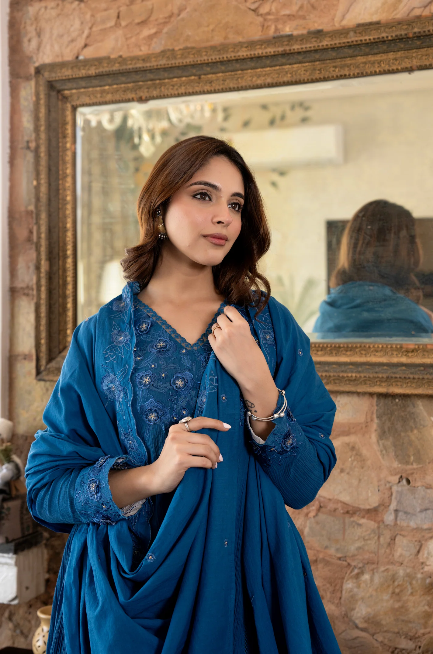 Blue Crushed Cotton Flared Kurta Suit With 3D Embroidery