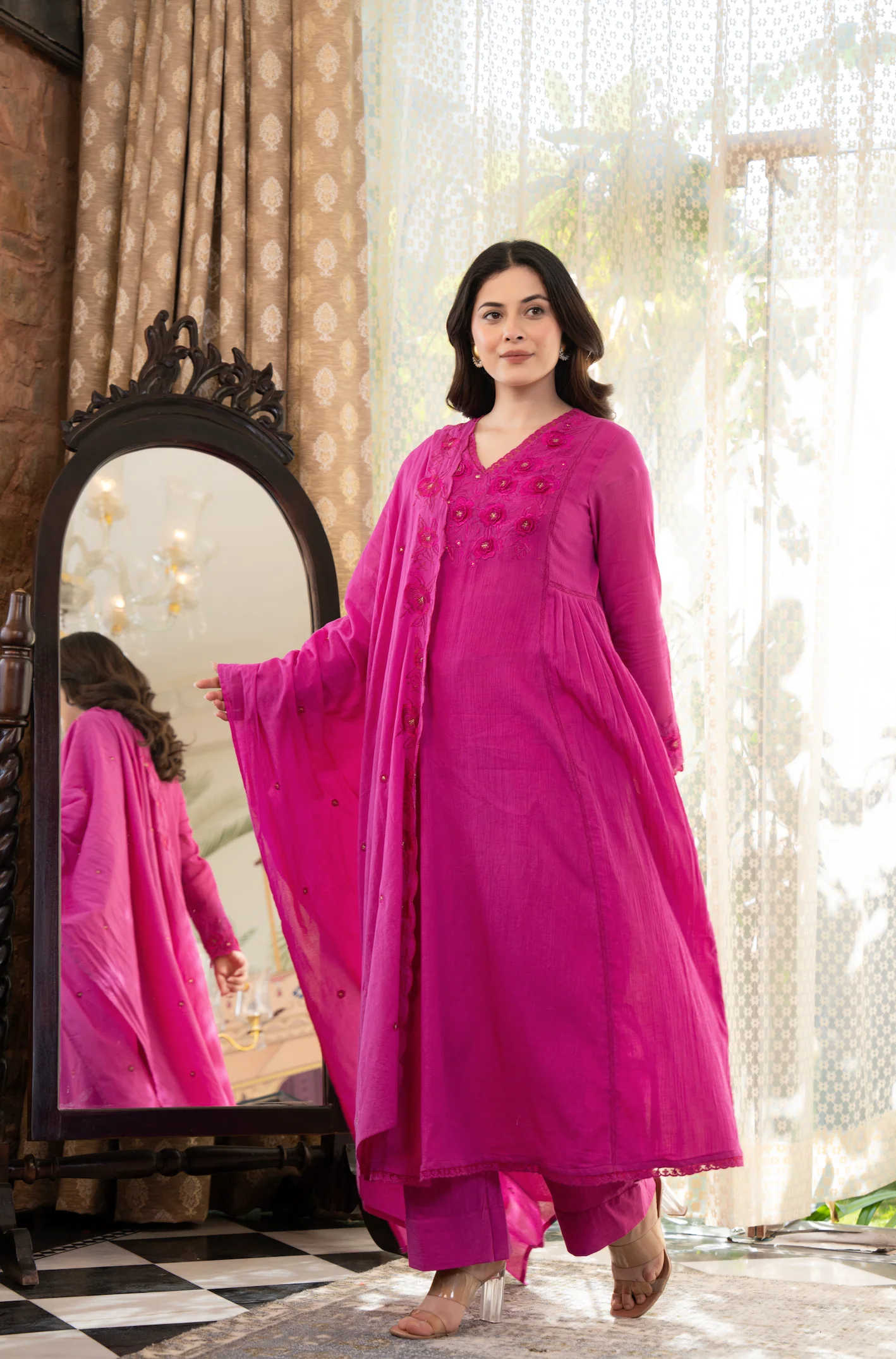 Pink Crushed Cotton Flared Kurta Suit With 3D Embroidery