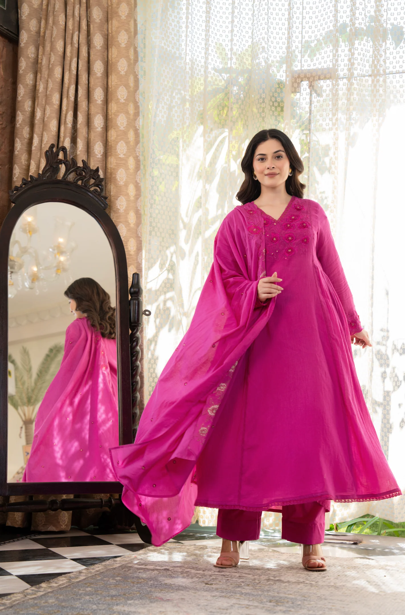 Pink Crushed Cotton Flared Kurta Suit With 3D Embroidery