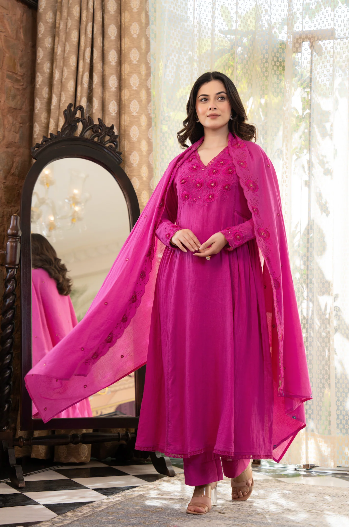 Pink Crushed Cotton Flared Kurta Suit With 3D Embroidery