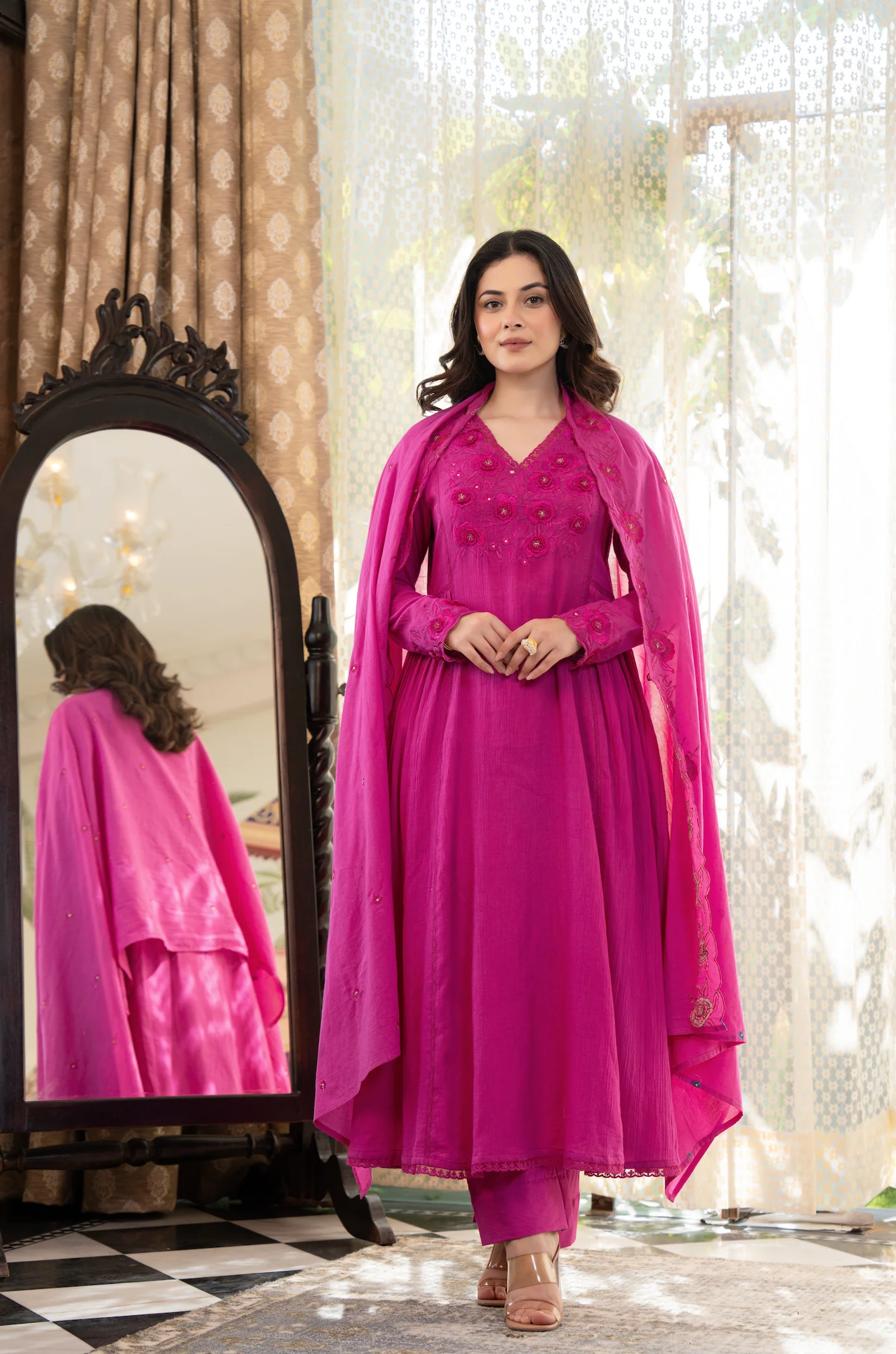 Pink Crushed Cotton Flared Kurta Suit With 3D Embroidery