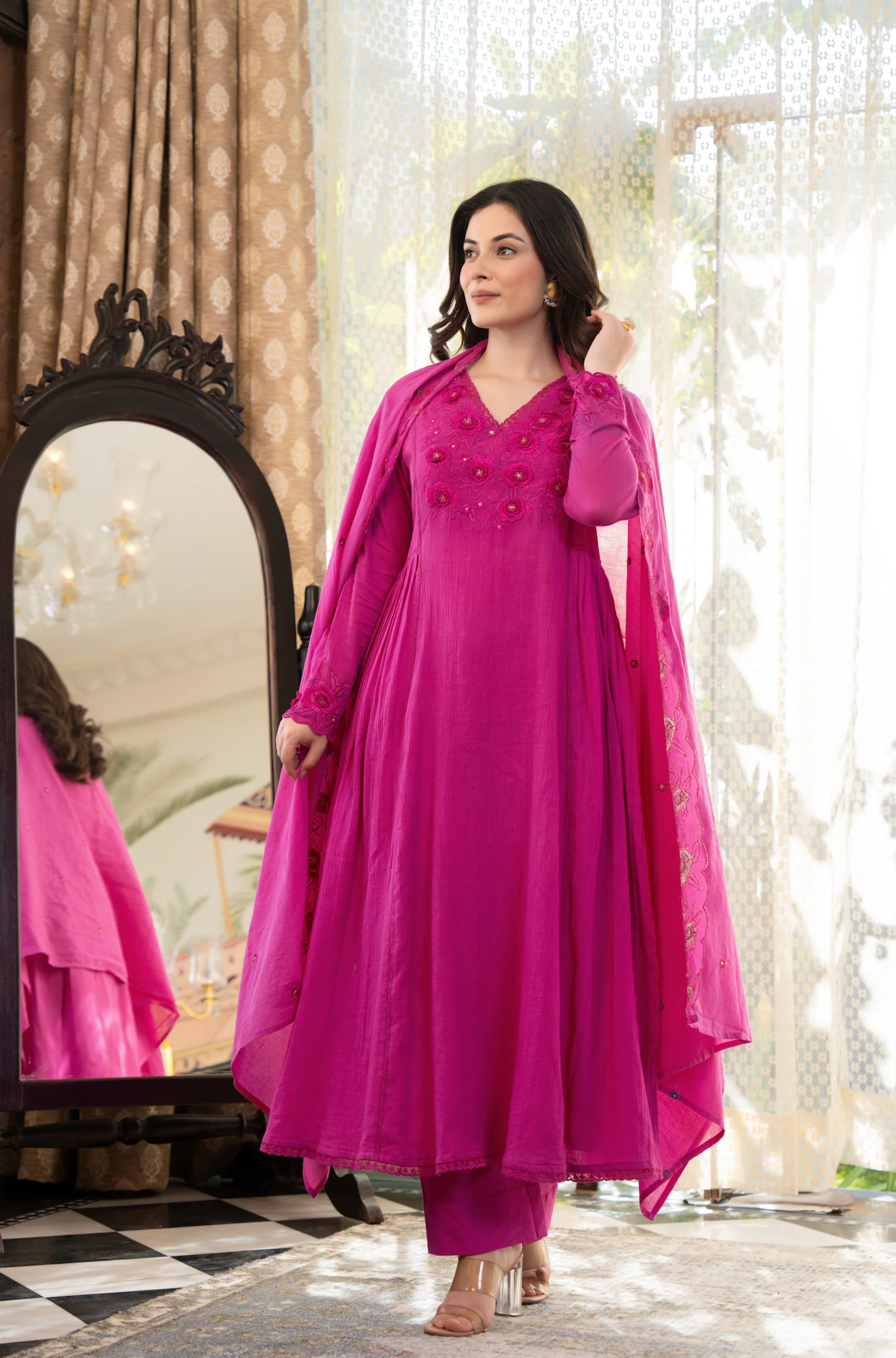 Pink Crushed Cotton Flared Kurta Suit With 3D Embroidery