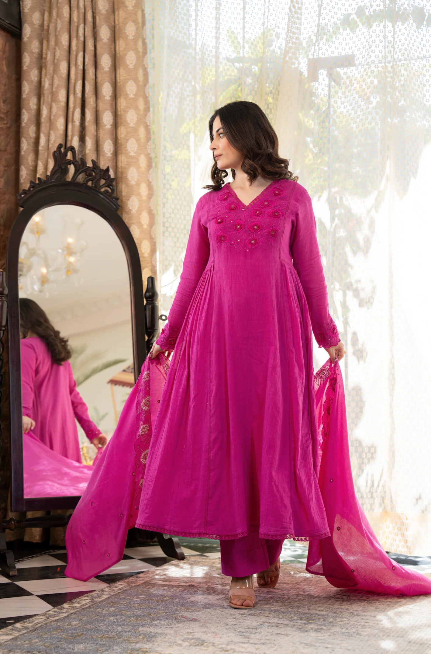 Pink Crushed Cotton Flared Kurta Suit With 3D Embroidery