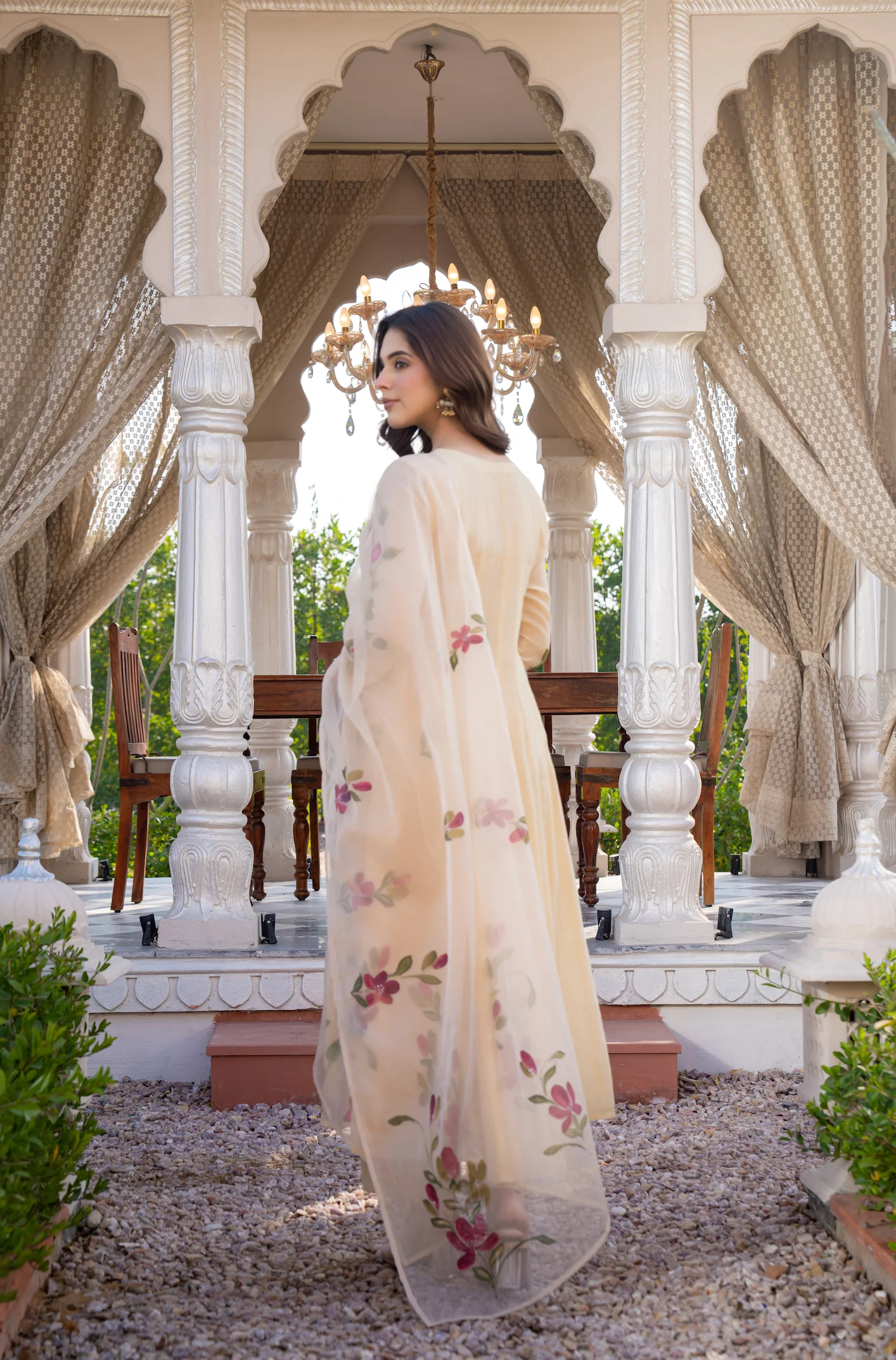 Beige Blossom Mul Chanderi Hand Burst Printed Suit