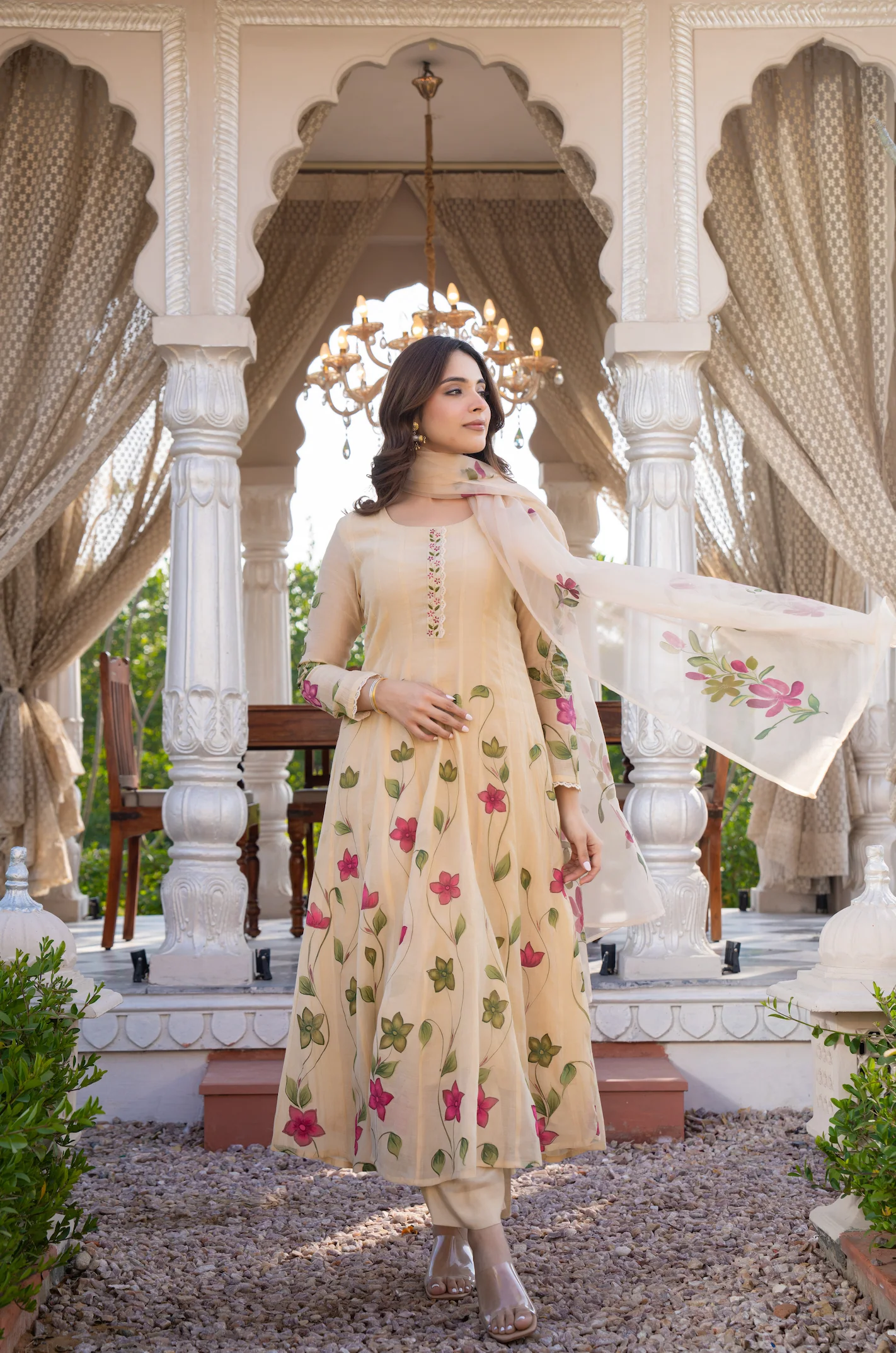 Beige Blossom Mul Chanderi Hand Burst Printed Suit