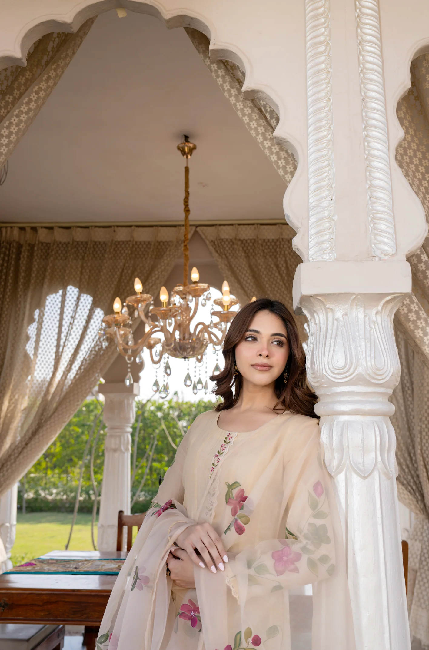 Beige Blossom Mul Chanderi Hand Burst Printed Suit