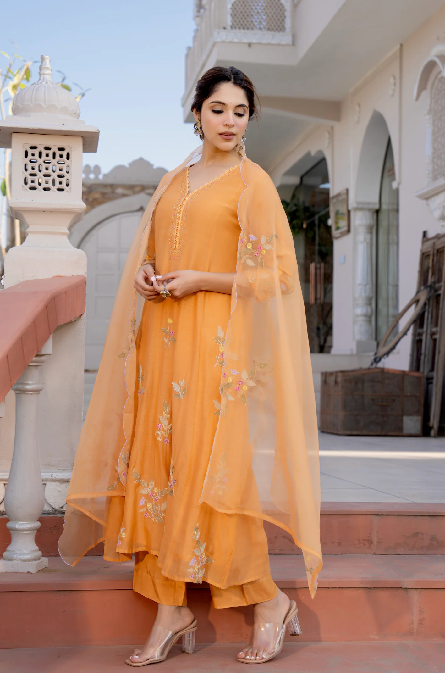 Coral Flame Mul Chanderi Embroidered Suit