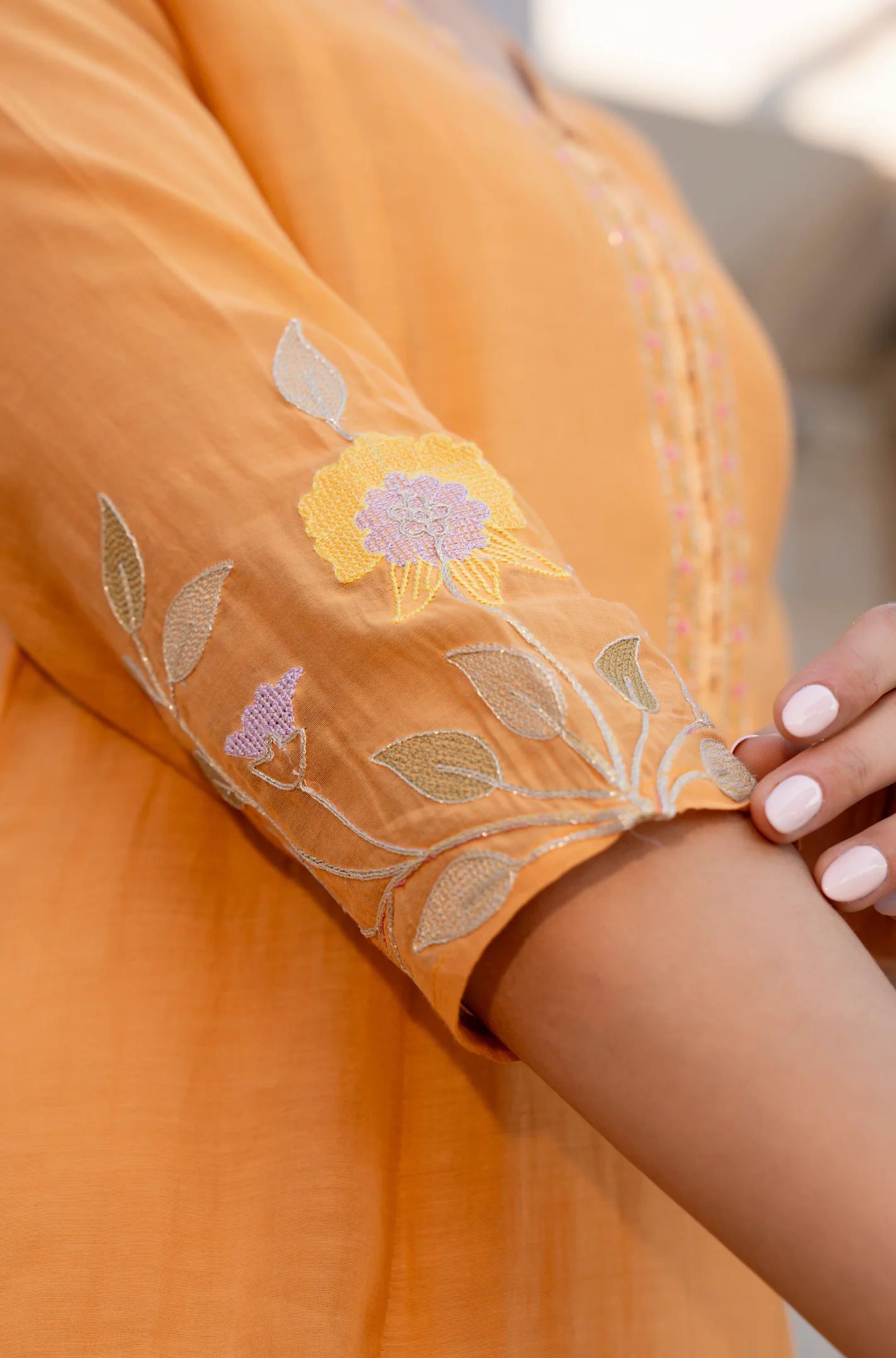 Coral Flame Mul Chanderi Embroidered Suit