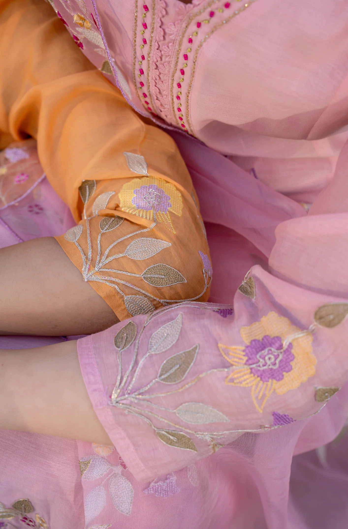 Coral Flame Mul Chanderi Embroidered Suit