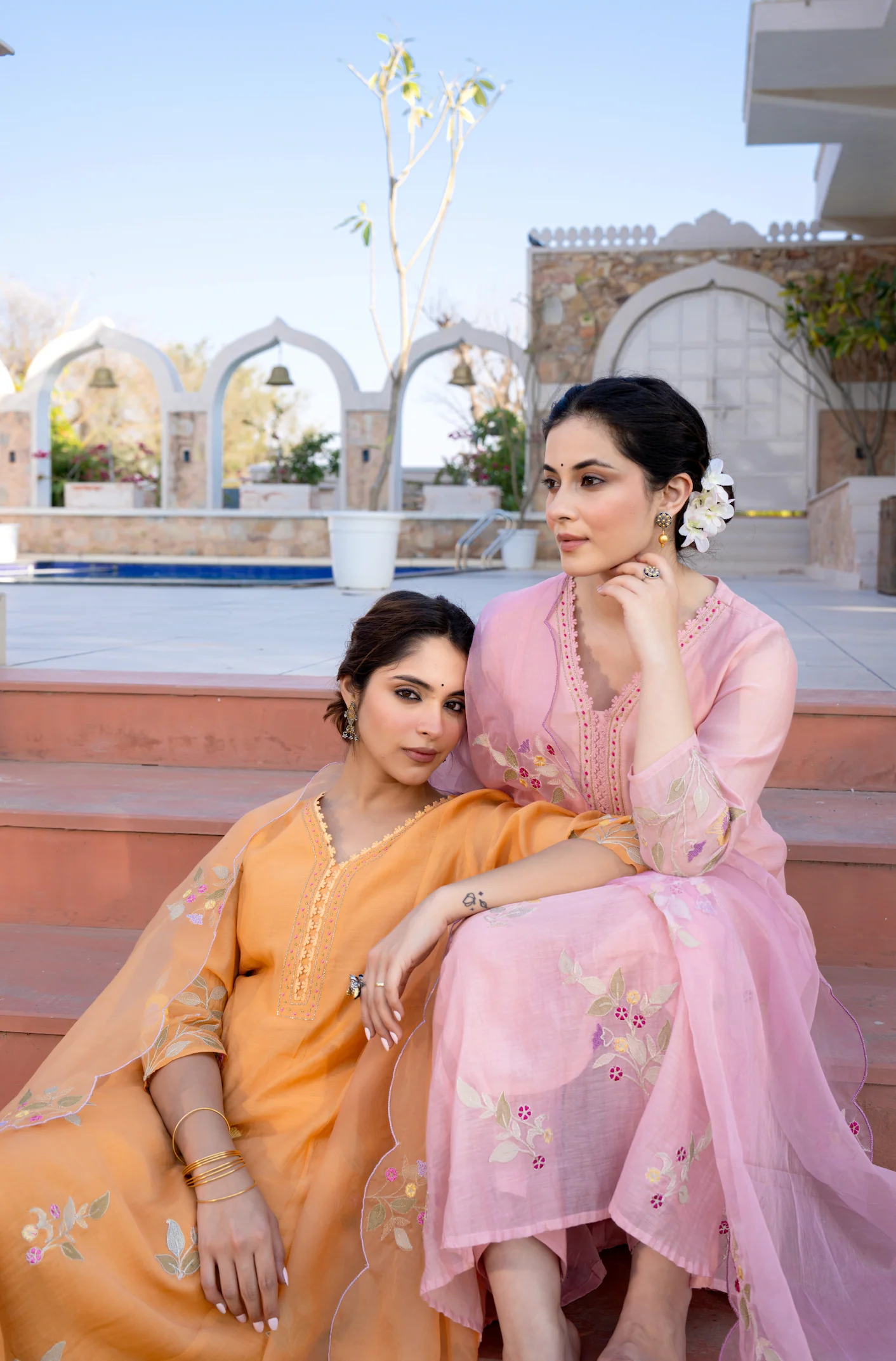Coral Flame Mul Chanderi Embroidered Suit