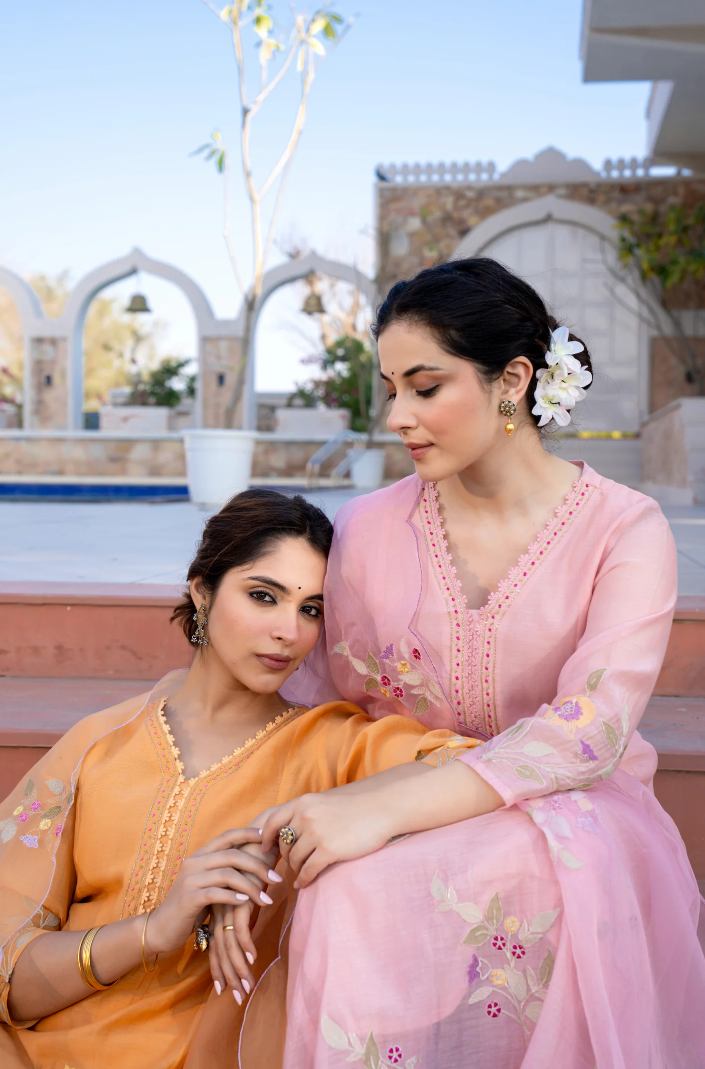 Coral Flame Mul Chanderi Embroidered Suit