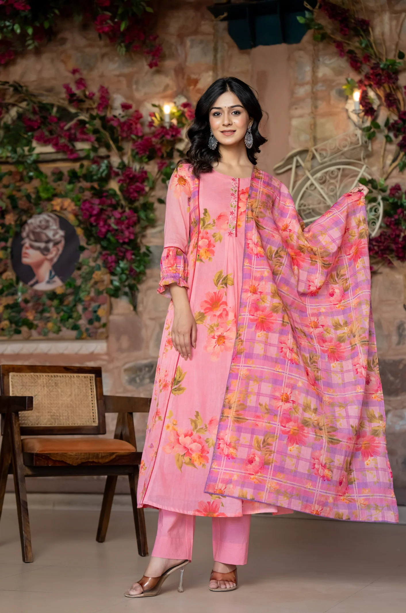 Pink Floral Printed Mul Cotton Suit Set- Summer Special