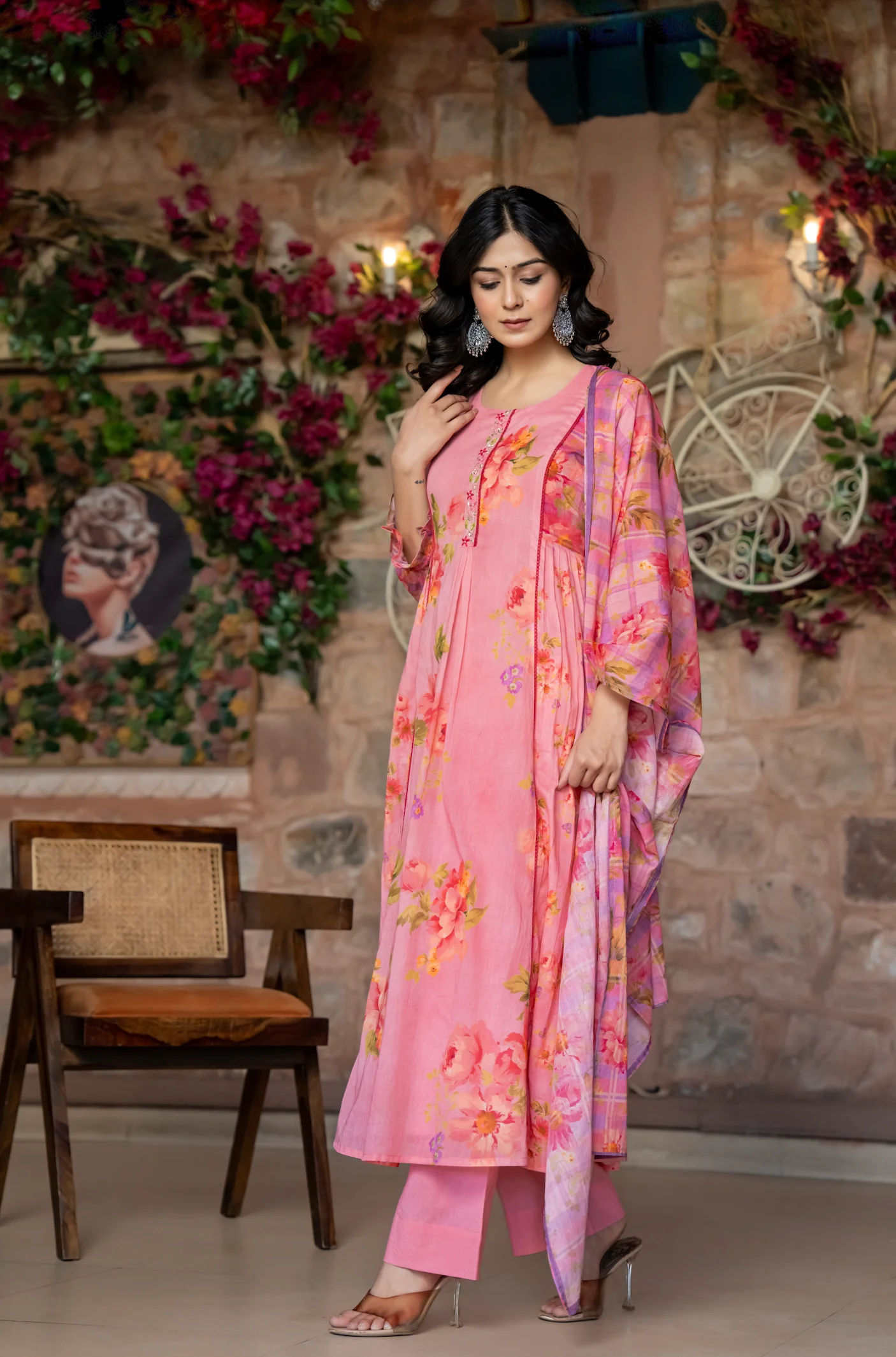 Pink Floral Printed Mul Cotton Suit Set- Summer Special