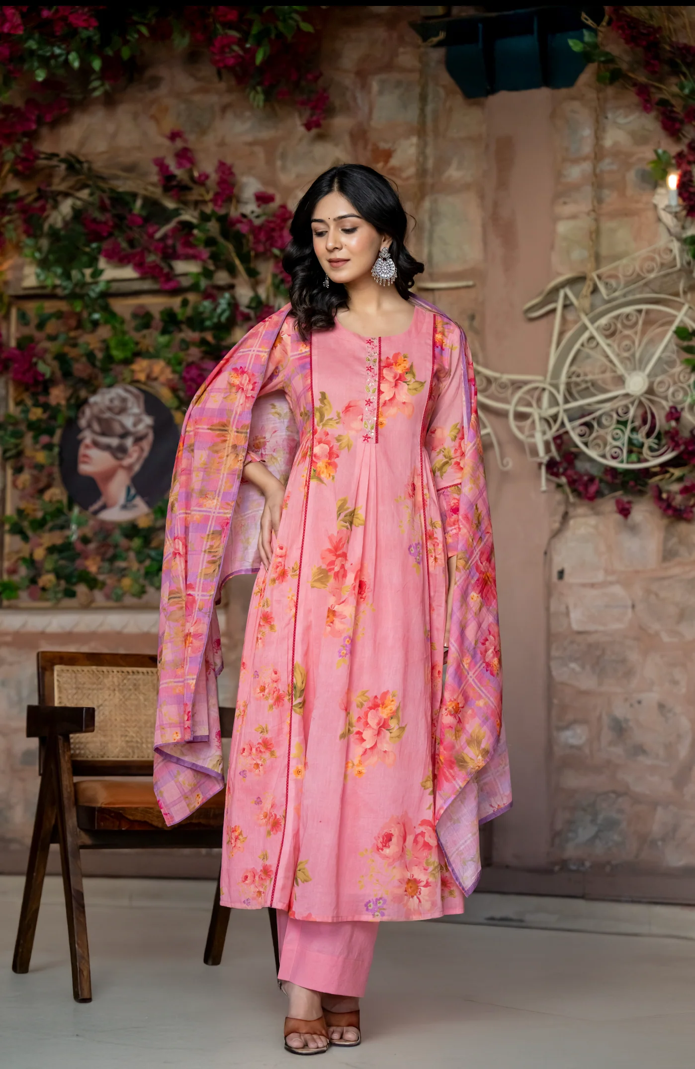 Pink Floral Printed Mul Cotton Suit Set- Summer Special