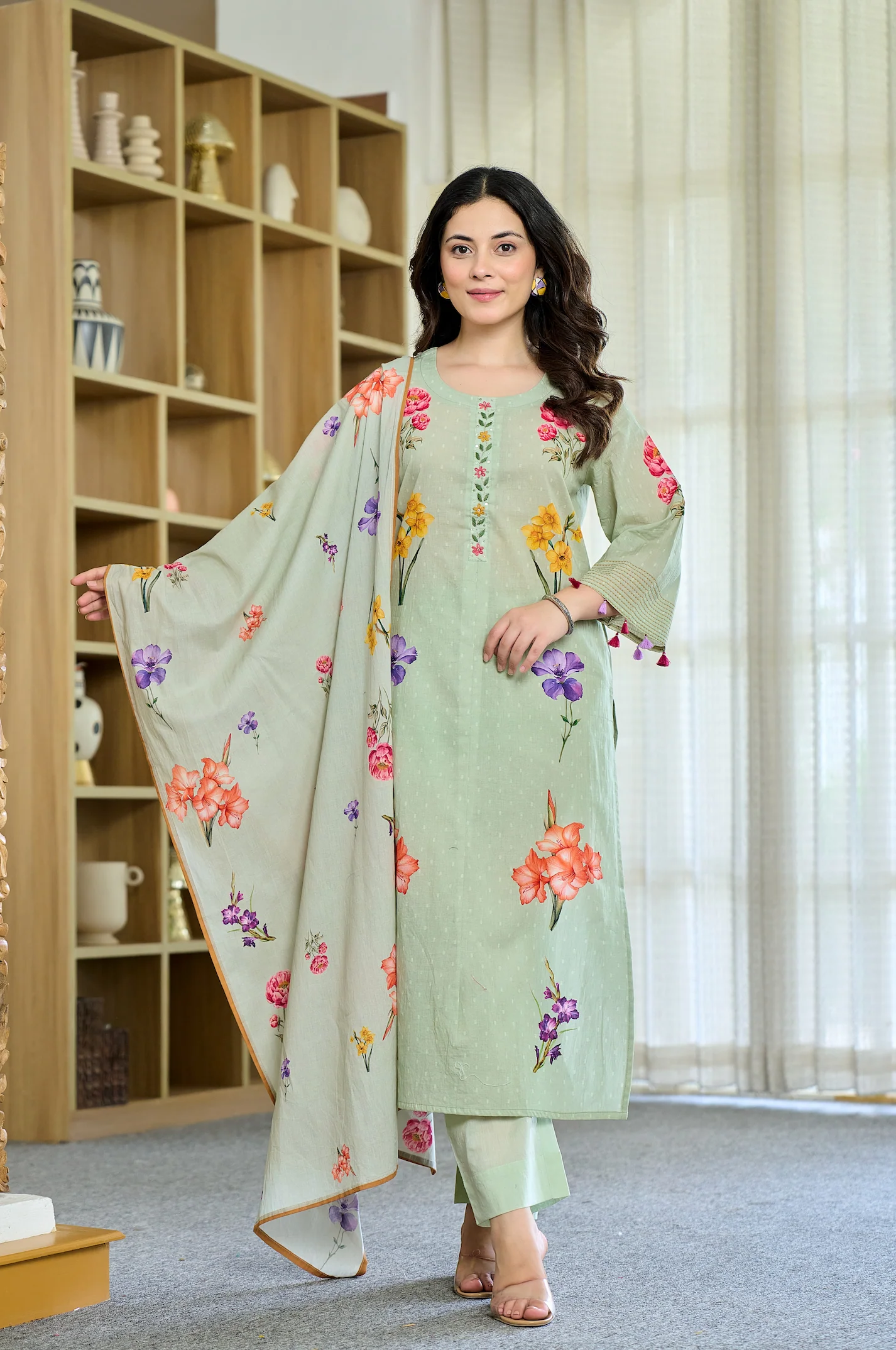 Cotton Mint Floral Kurti Suit Set